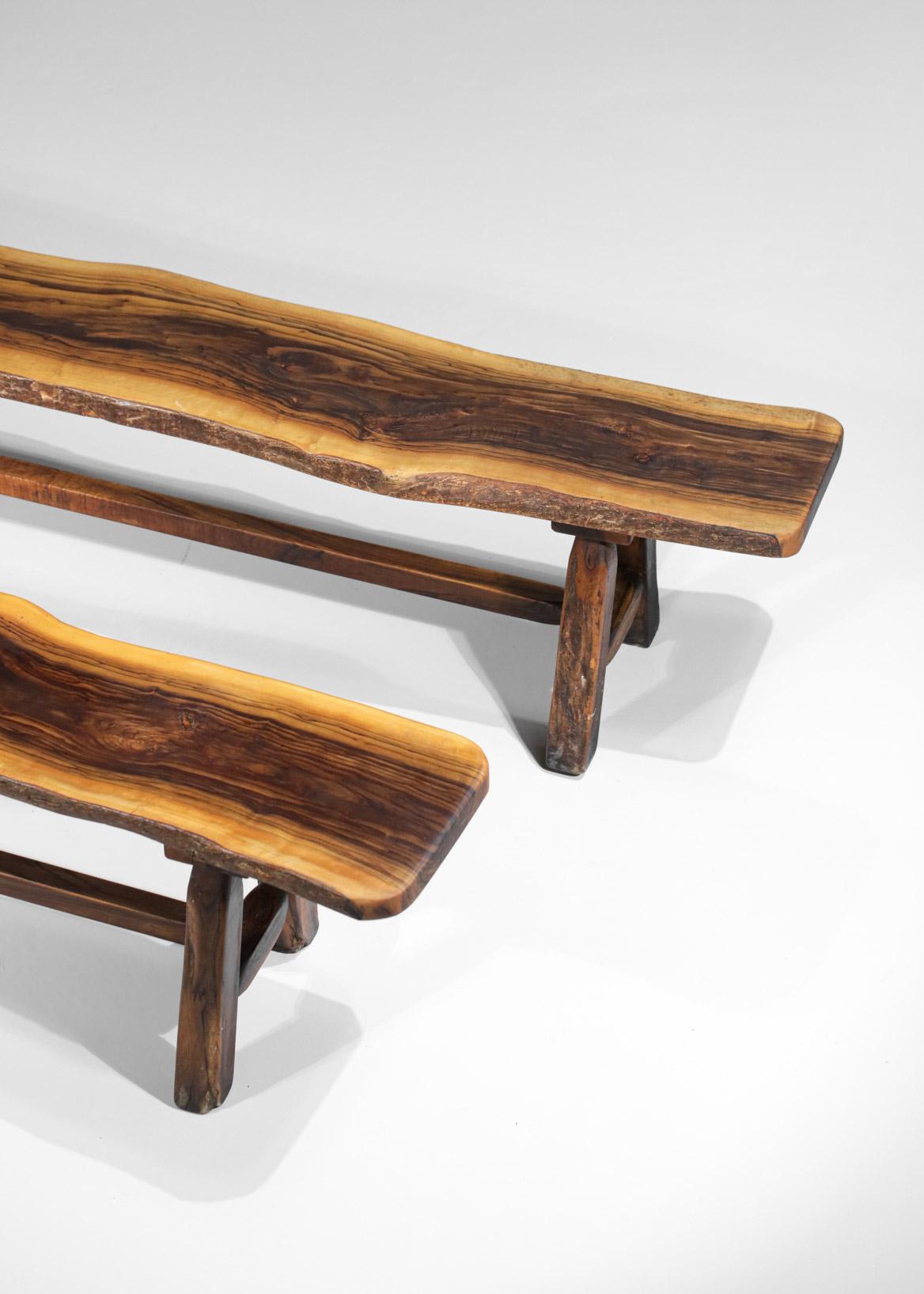Dining Table and Benches in Solid Olive Wood 60 Brutalist Design French Massive For Sale 6