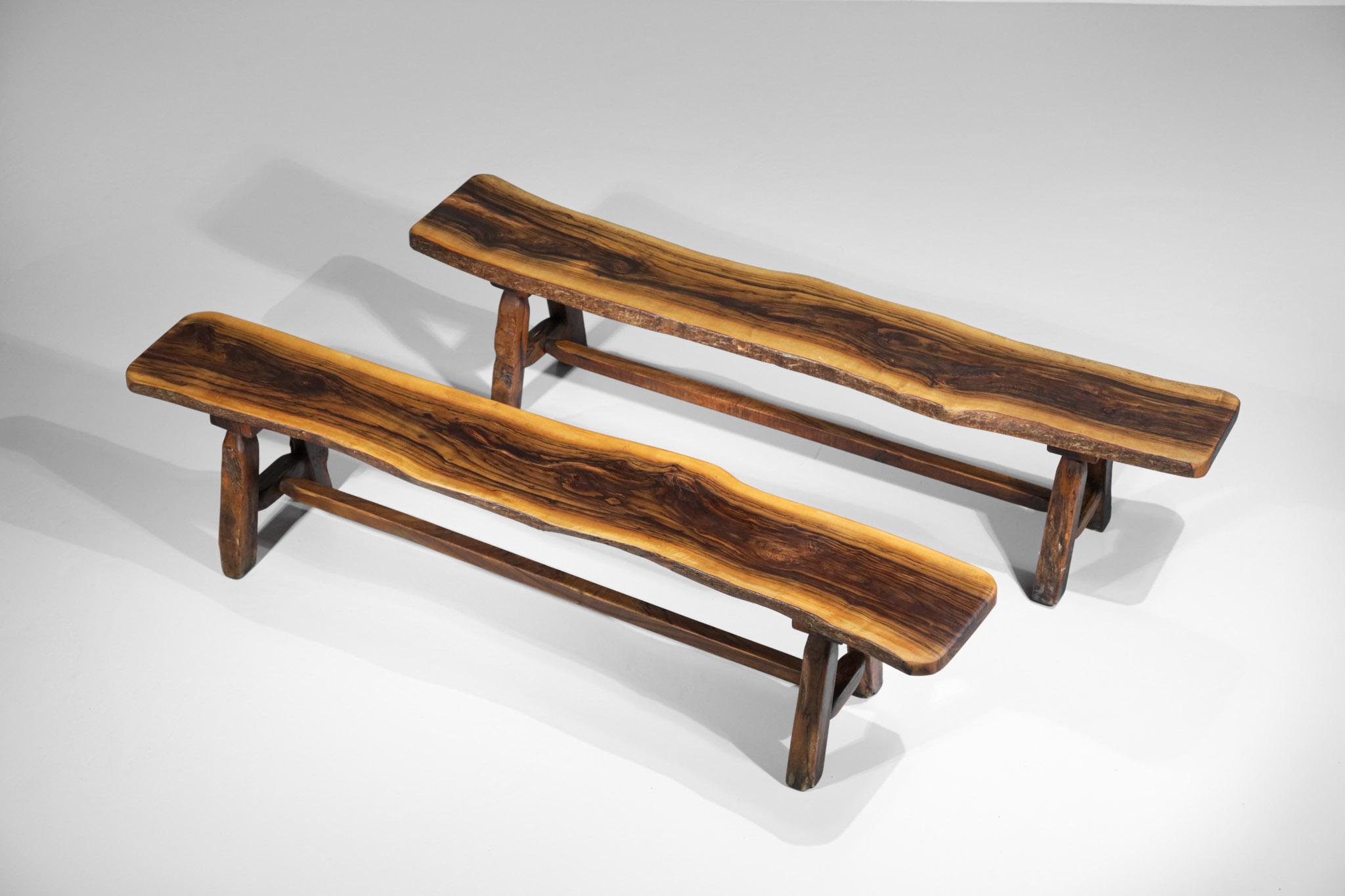 Dining Table and Benches in Solid Olive Wood 60 Brutalist Design French Massive For Sale 7