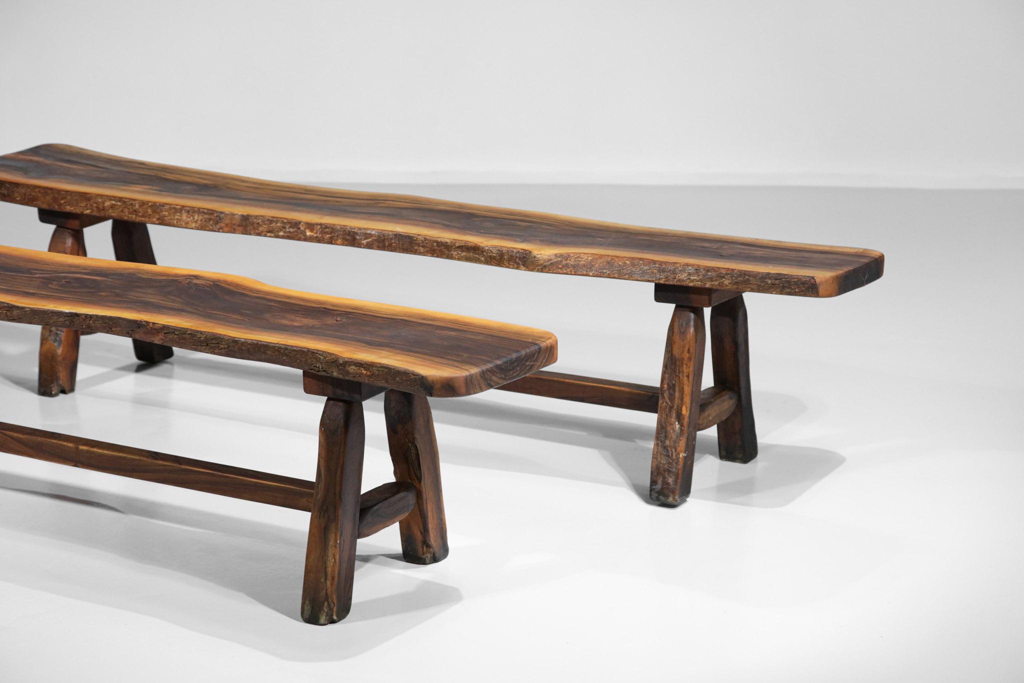 Dining Table and Benches in Solid Olive Wood 60 Brutalist Design French Massive For Sale 8