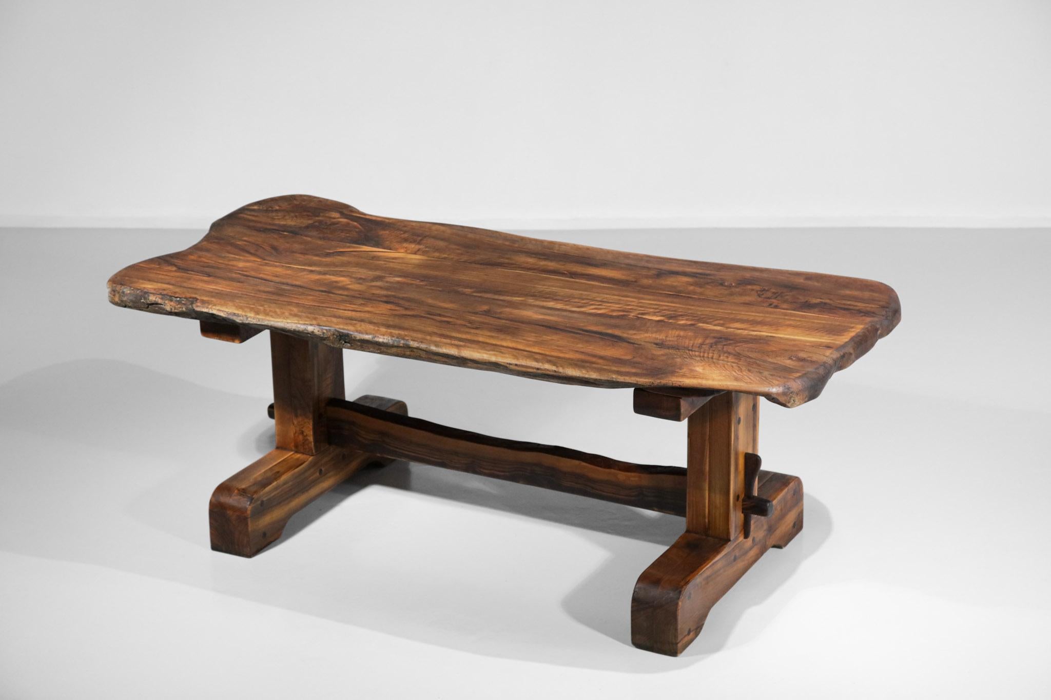 Rustic Dining Table and Benches in Solid Olive Wood 60 Brutalist Design French Massive For Sale
