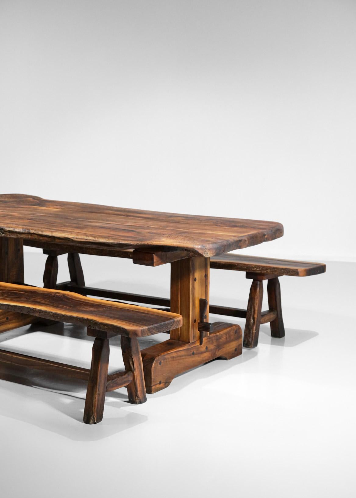 Mid-20th Century Dining Table and Benches in Solid Olive Wood 60 Brutalist Design French Massive For Sale