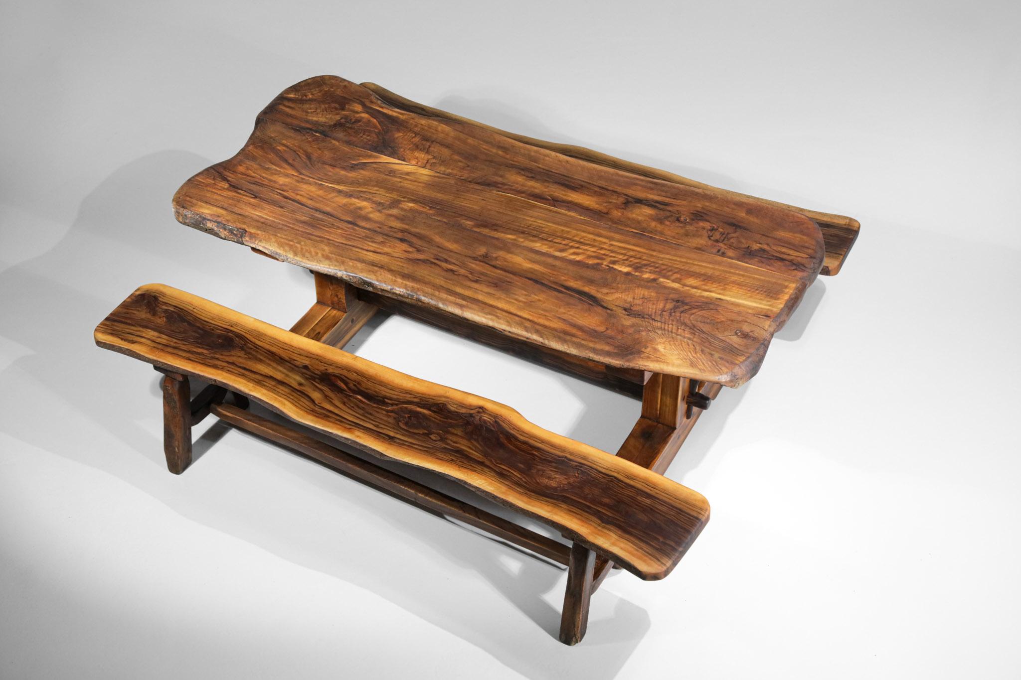 Dining Table and Benches in Solid Olive Wood 60 Brutalist Design French Massive For Sale 1