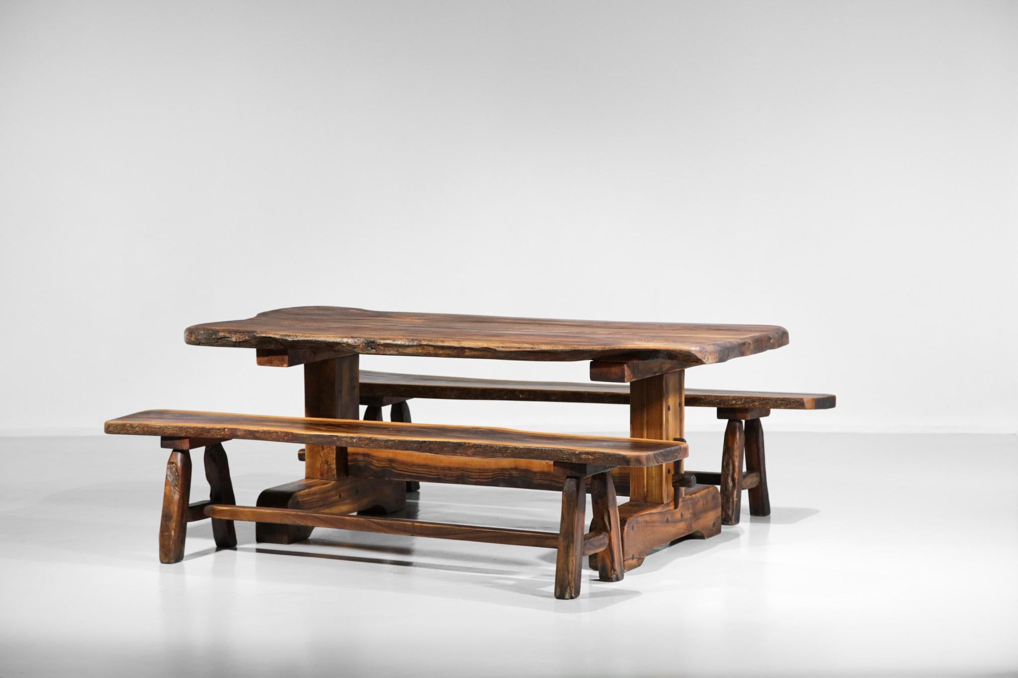 Dining Table and Benches in Solid Olive Wood 60 Brutalist Design French Massive For Sale 2