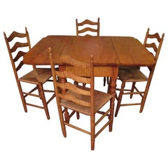 Dining Table and Four Chairs w/ Rush Seats Early 19thc American Tiger Maple