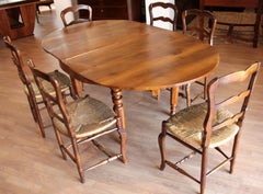 Antique Dining Table and Six Walnut Chairs Provencal, Set of 7 Late 19th Century Oak