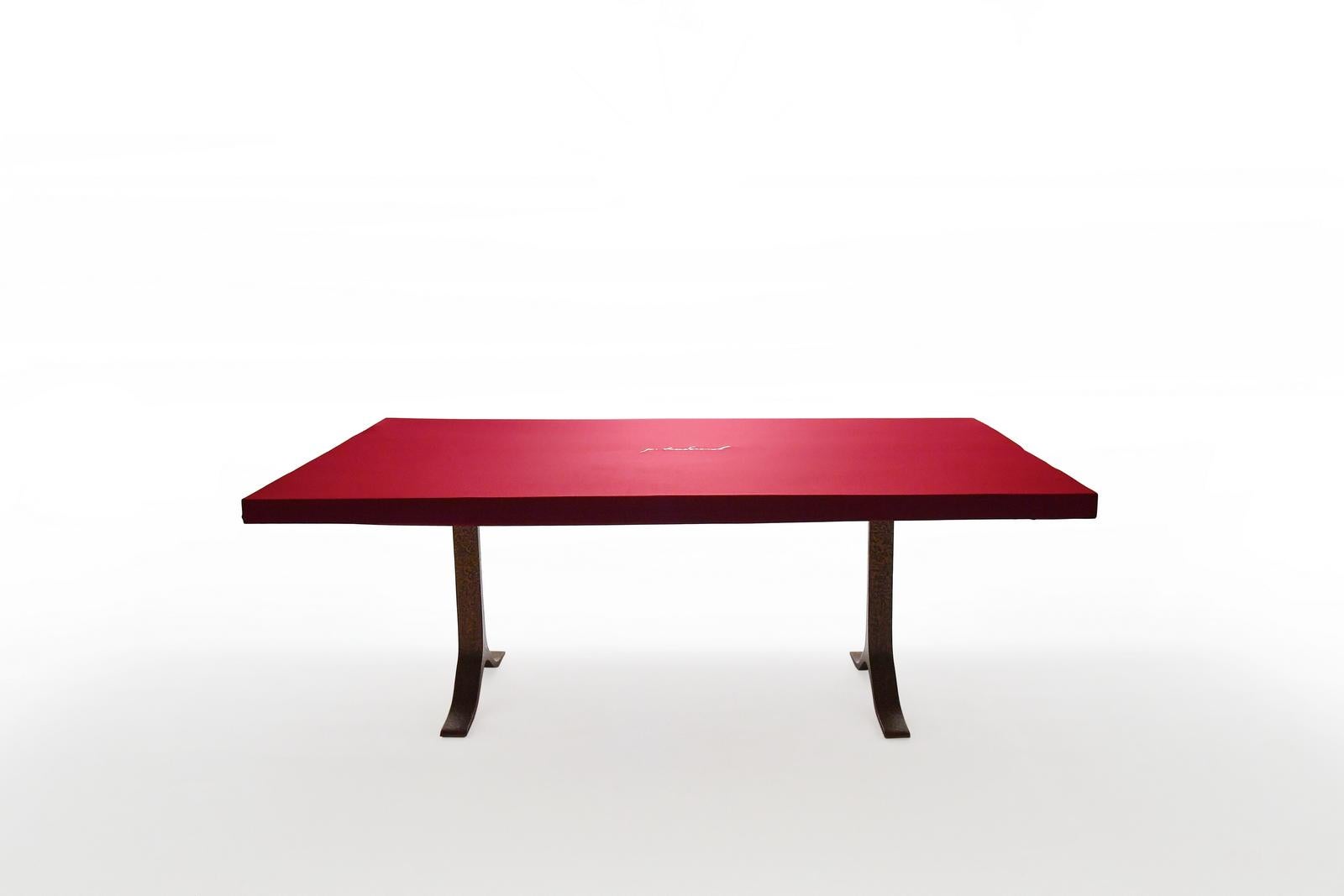 Dining Table, Antique Wood and Sand Cast Sculptured Bronze Base by P. Tendercool For Sale 8