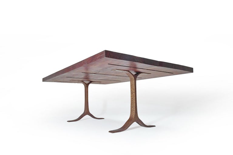 Mid-Century Modern Dining Table, Antique Wood and Sand Cast Sculptured Bronze Base by P. Tendercool For Sale