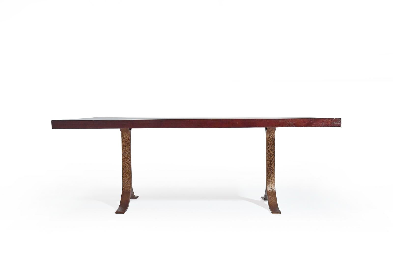 Dining Table, Antique Wood and Sand Cast Sculptured Bronze Base by P. Tendercool In New Condition For Sale In Bangkok, TH