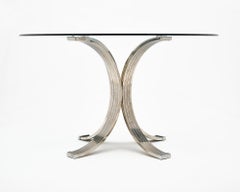 Romeo Rega Round Dining Table, Glass Top, Brass & Chrome Base, Italy