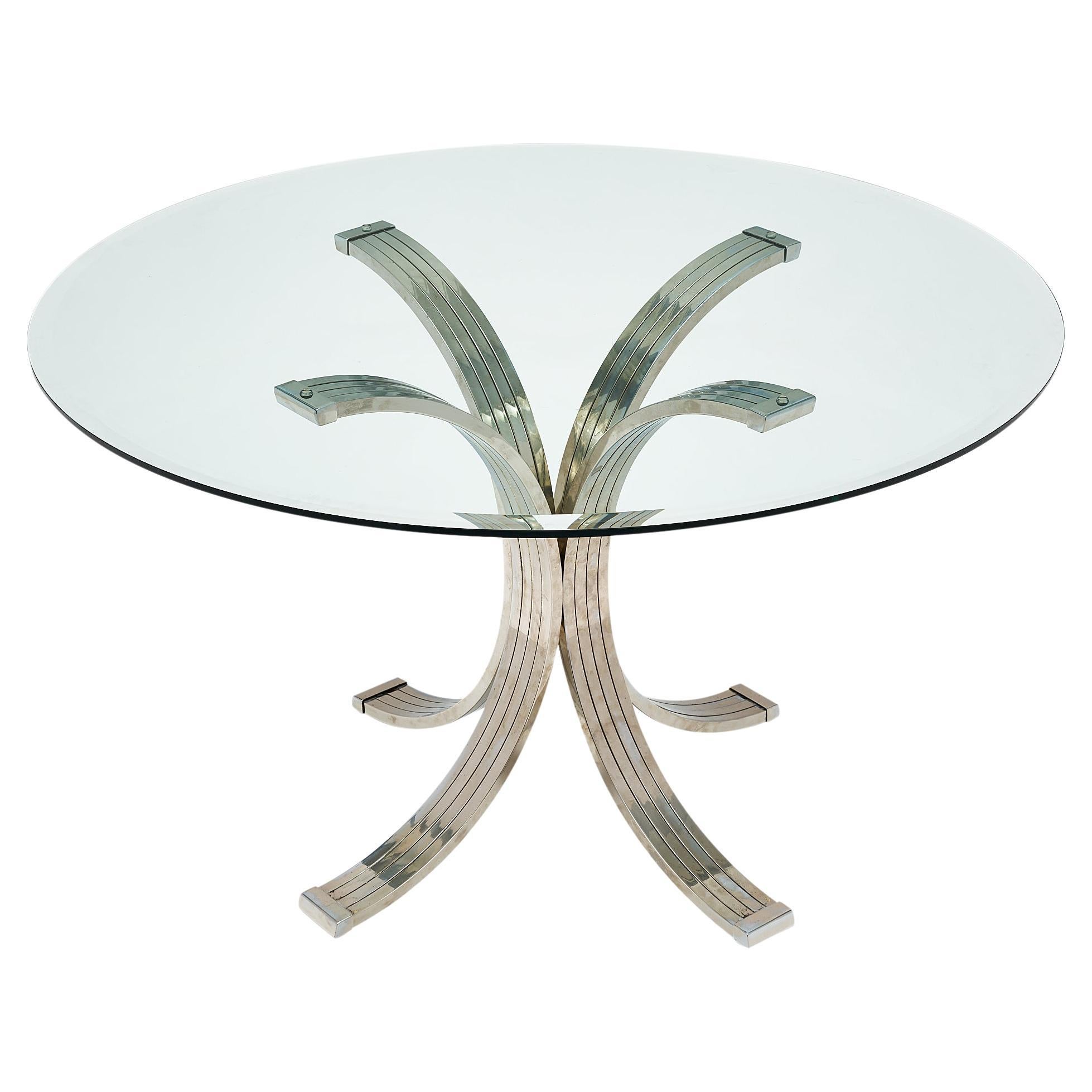 Romeo Rega Round Dining Table, Glass Top, Brass & Chrome Base, Italy For Sale