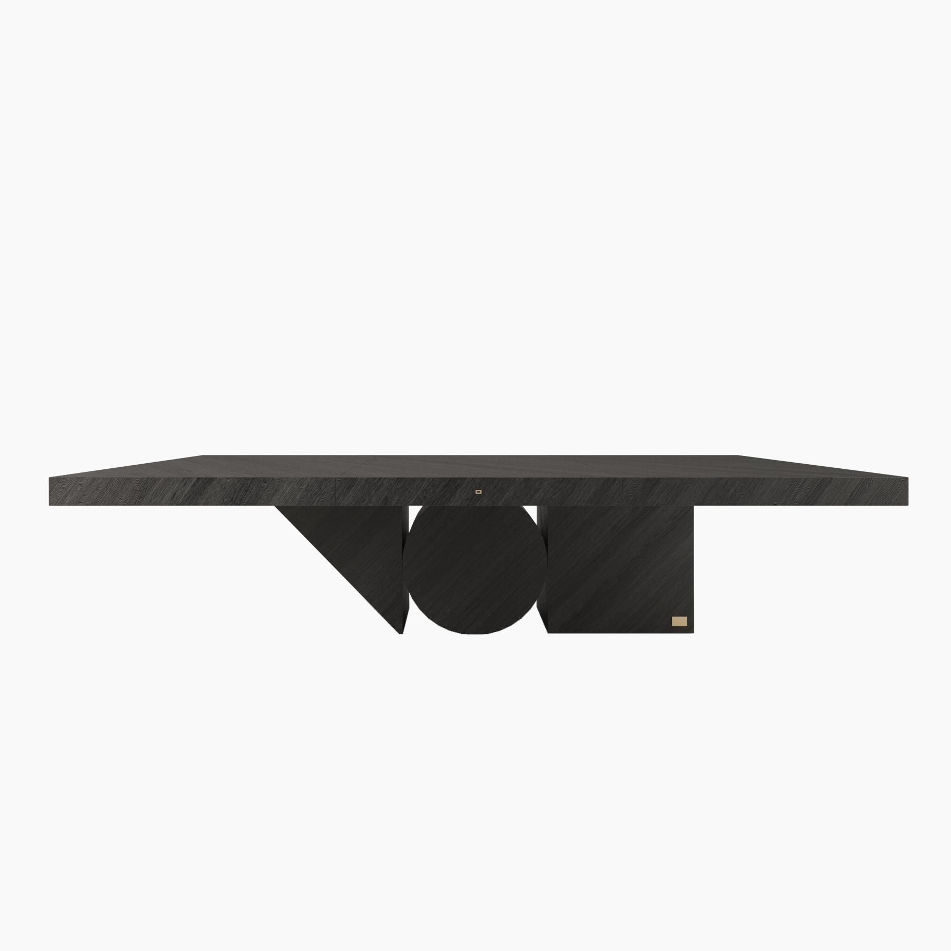 Dining table
by FELIX SCHWAKE

FS 190
CM L300 B140 H76
IN L118,11 B55,12 H29,92
Wood, brushed, lacquered, Black
Felix Schwake
2023

Made entirely of wood
Light weight construction with integrated floor support.
Individual dimensions and surfaces on