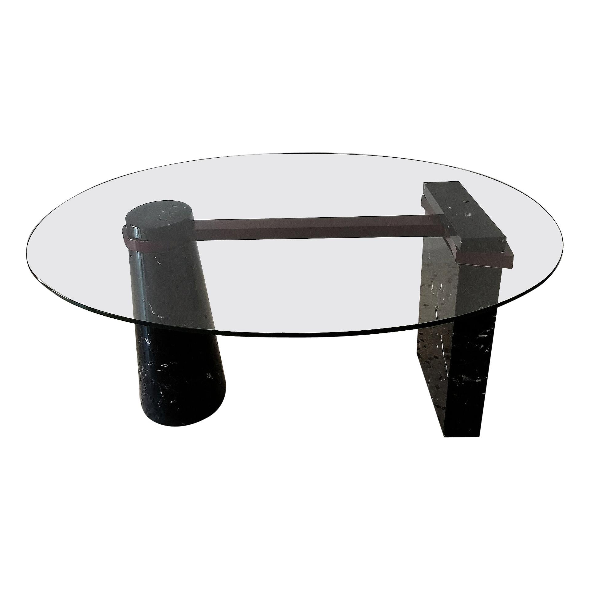Dining Table by Maurizio Cattelan 1980 Black Marble Base Glass Top at