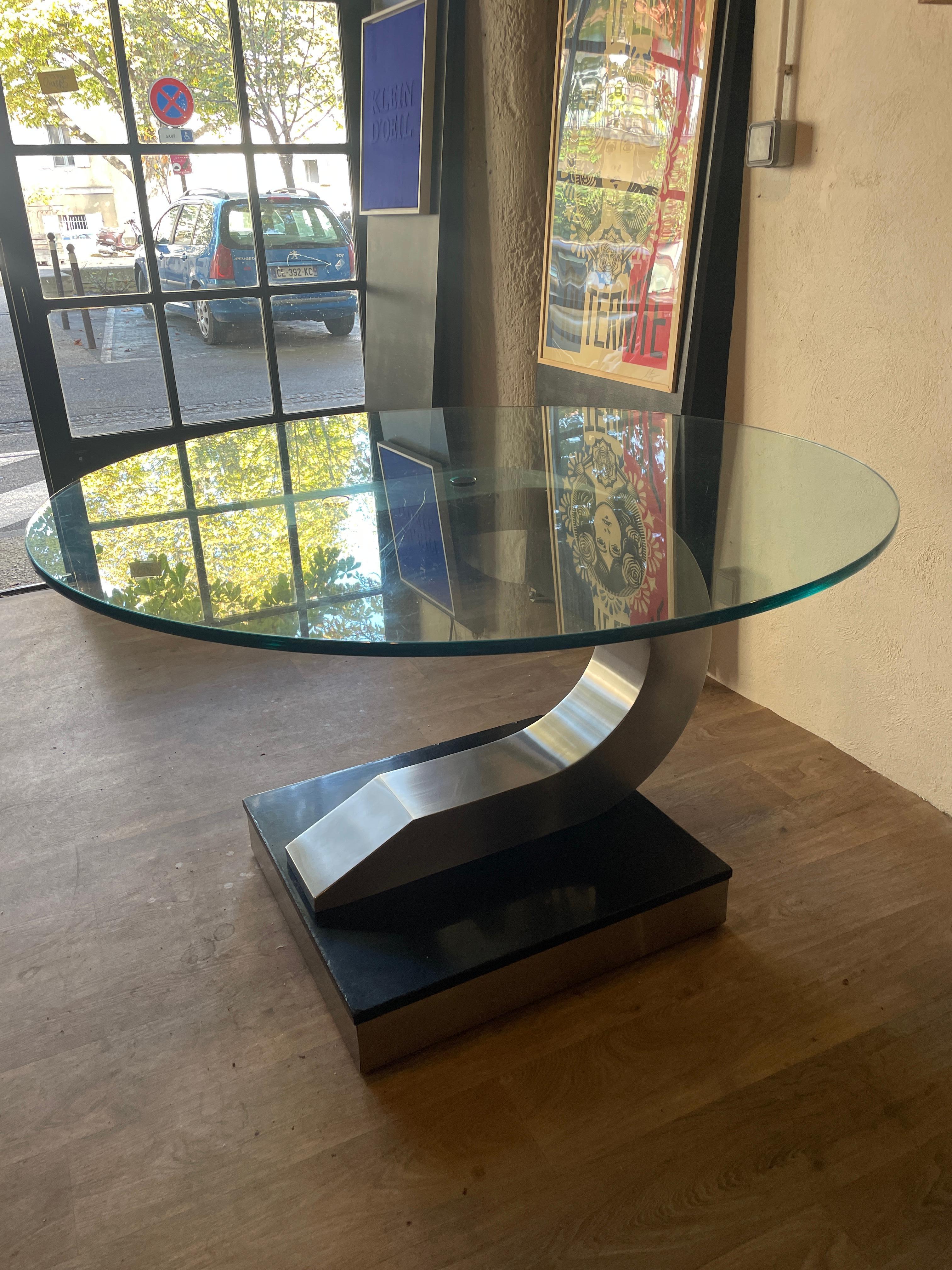 Late 20th Century Dining Table by Willy Rizzo for Mario Sabot, Italy 1970, Steel, Glass, Wood For Sale