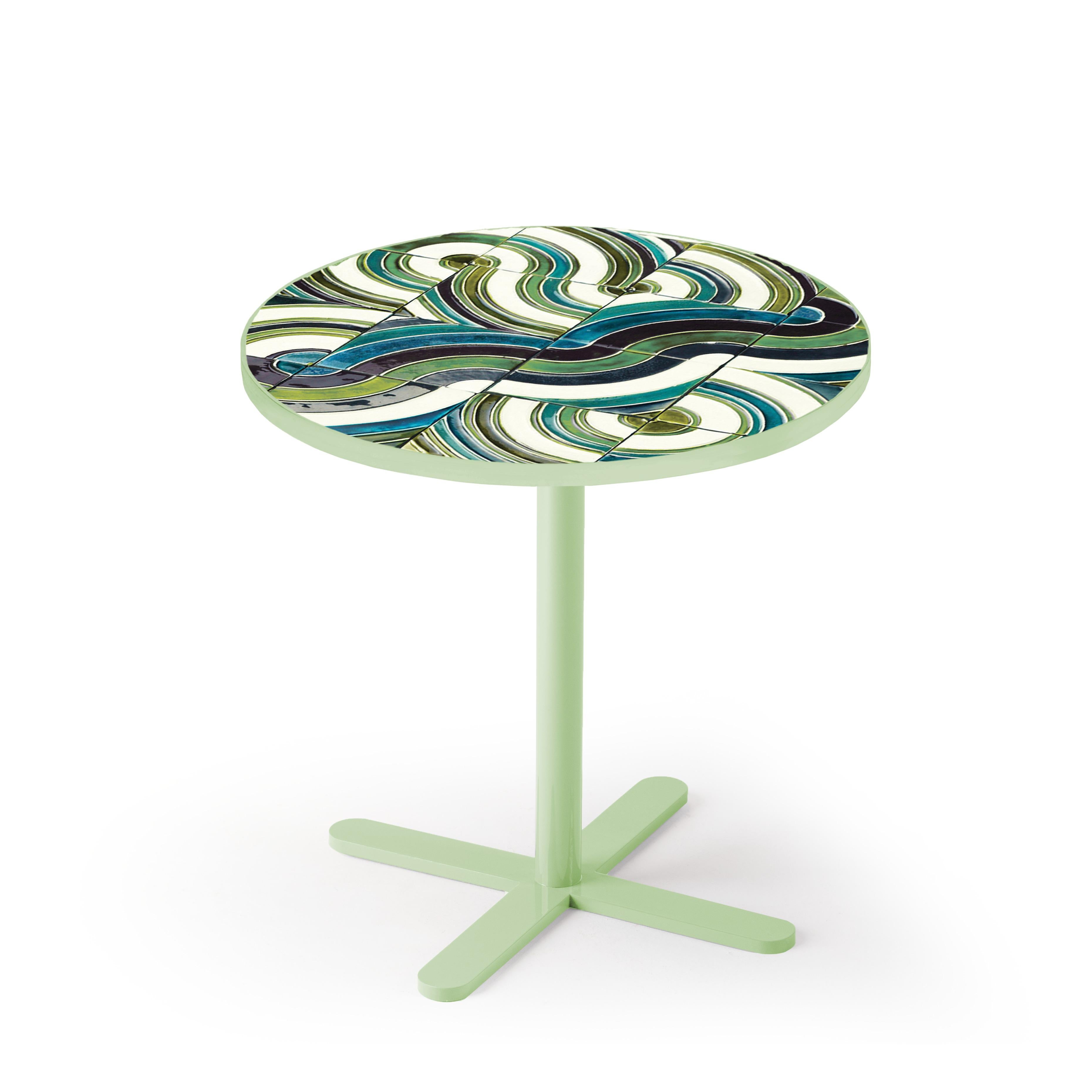Glazed Dining Table Caldas 100Ø with Lime Handmade Tiles For Sale
