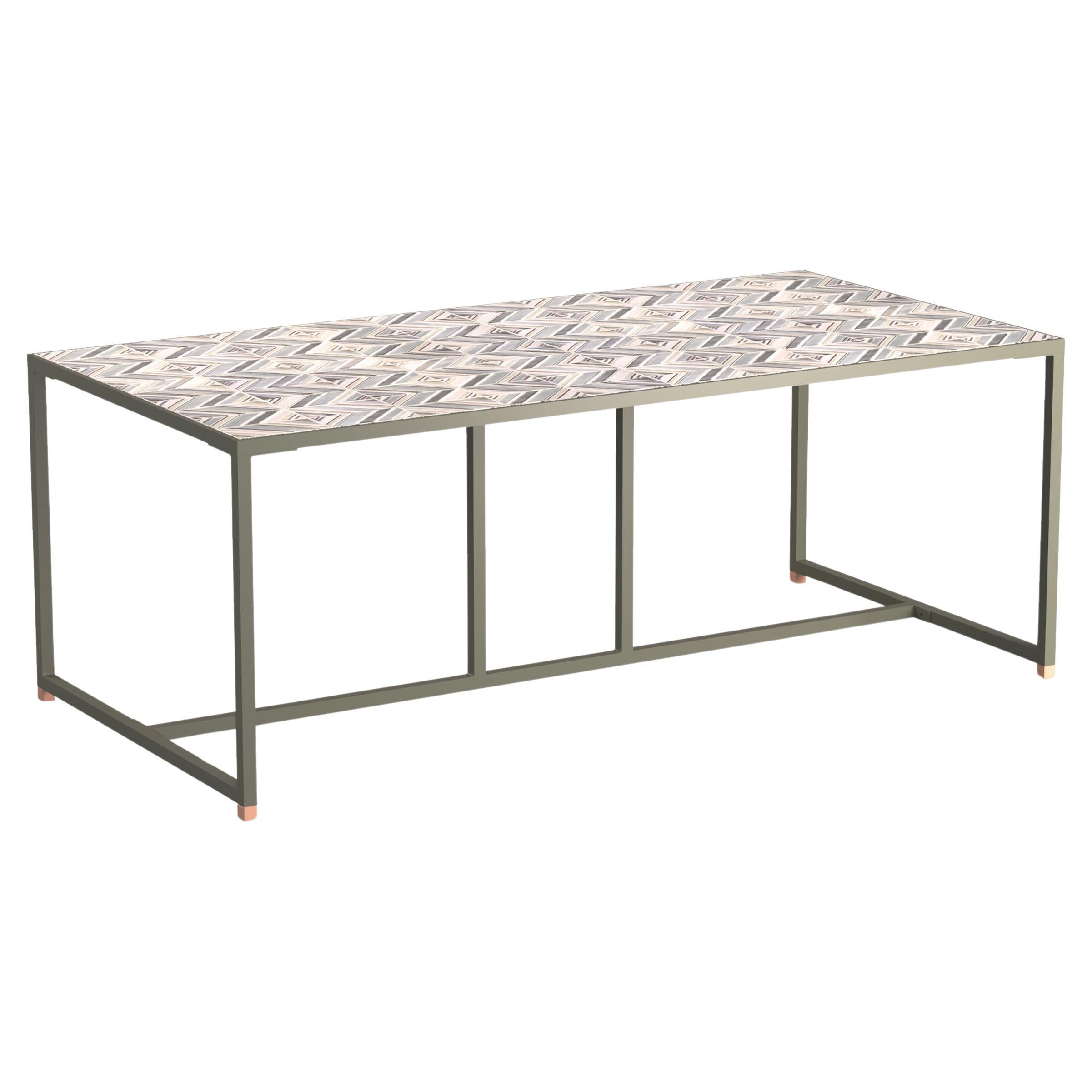 Dining Table Caldas Rectangle with Sage Stripes Handmade Tiles & Sage Structure For Sale