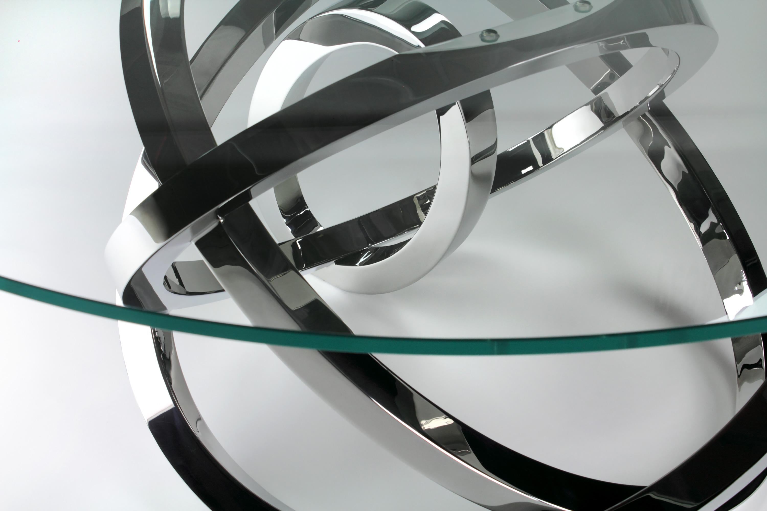 Table de salle à manger circulaire Miroir en acier, verre et cristal, design de collection fait à la main en vente 3