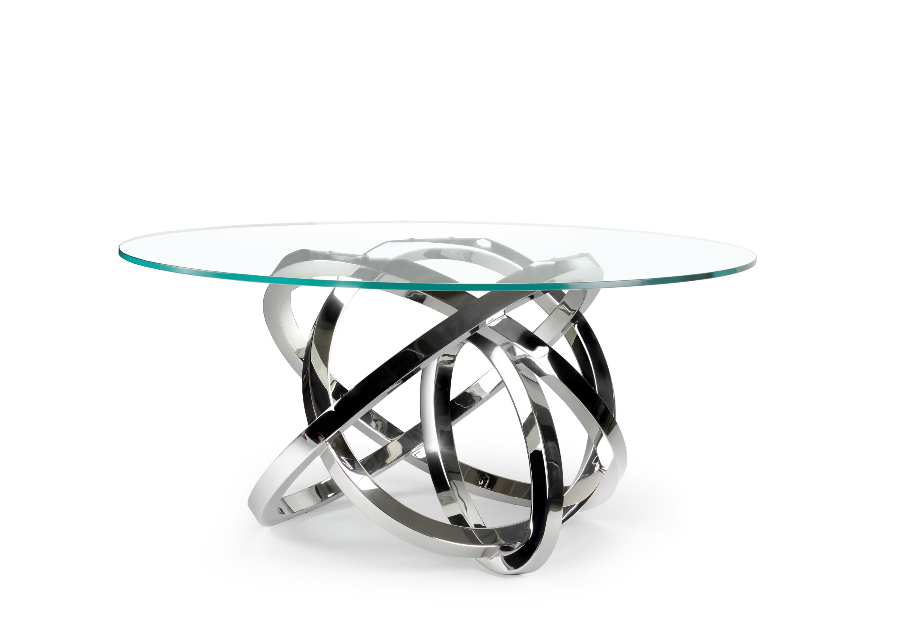 Moderne Table de salle à manger circulaire Miroir en acier, verre et cristal, design de collection fait à la main en vente