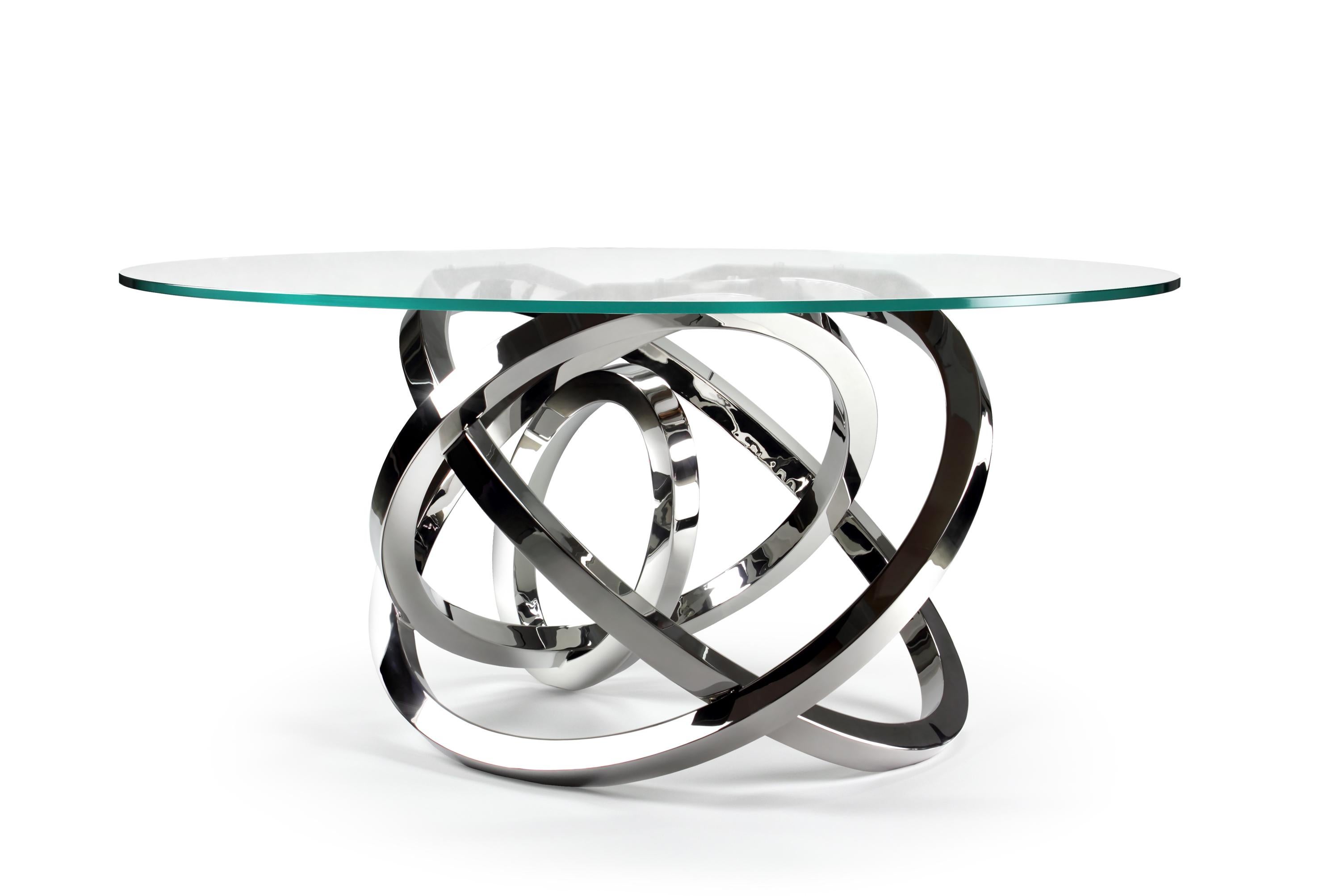 italien Table de salle à manger circulaire Miroir en acier, verre et cristal, design de collection fait à la main en vente