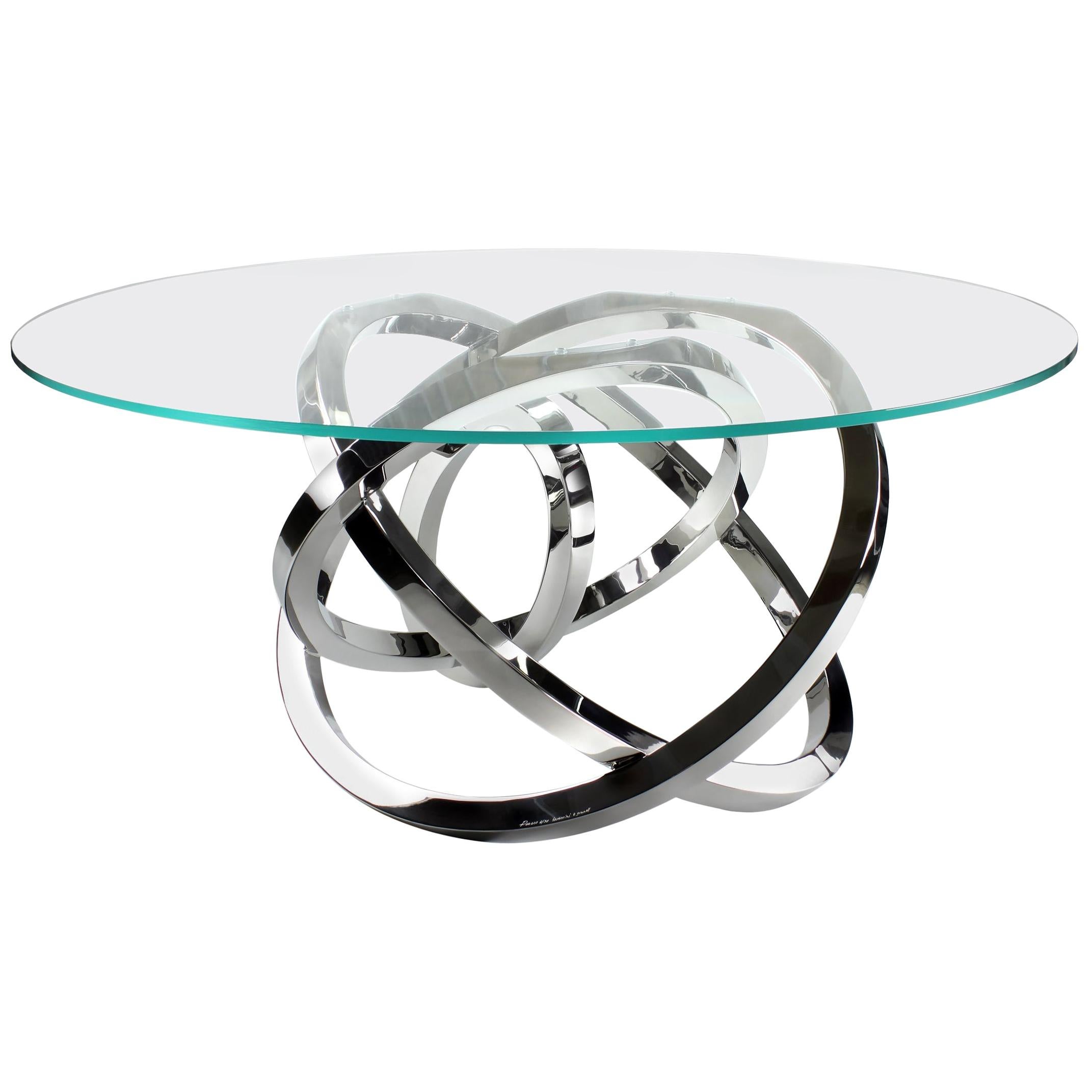 Table de salle à manger circulaire Miroir en acier, verre et cristal, design de collection fait à la main en vente