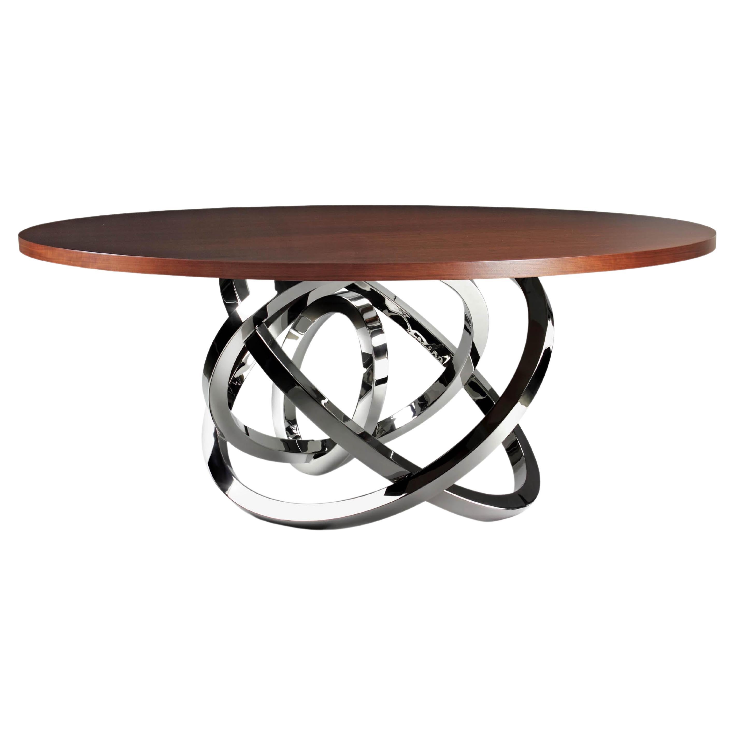 Dining Table Circular Mirror Steel Base Walnut Wood Collectible Handmade, Italy