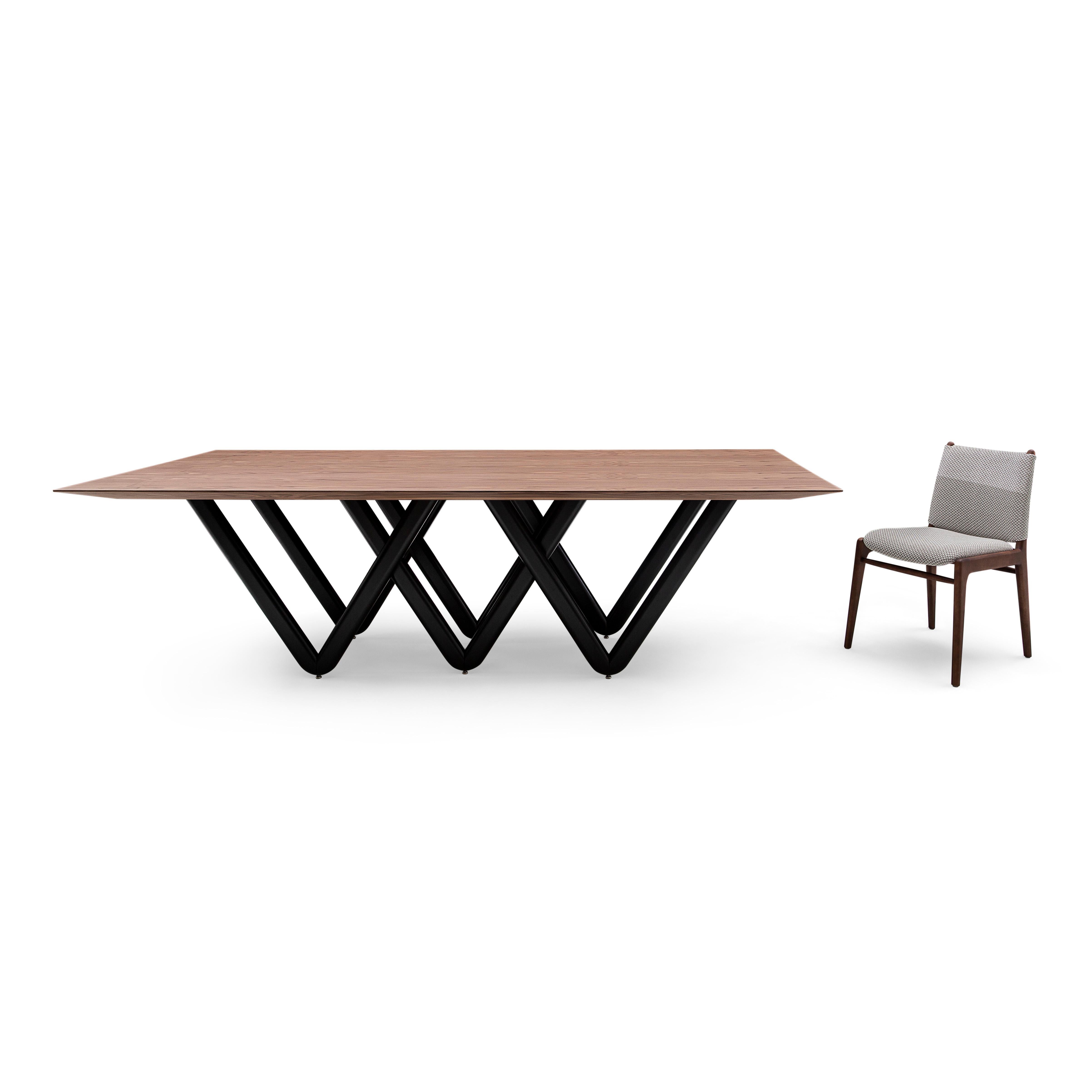 Brazilian Dablio Dining Table with a Walnut Wood Veneered Table Top and Black Base 98'' For Sale