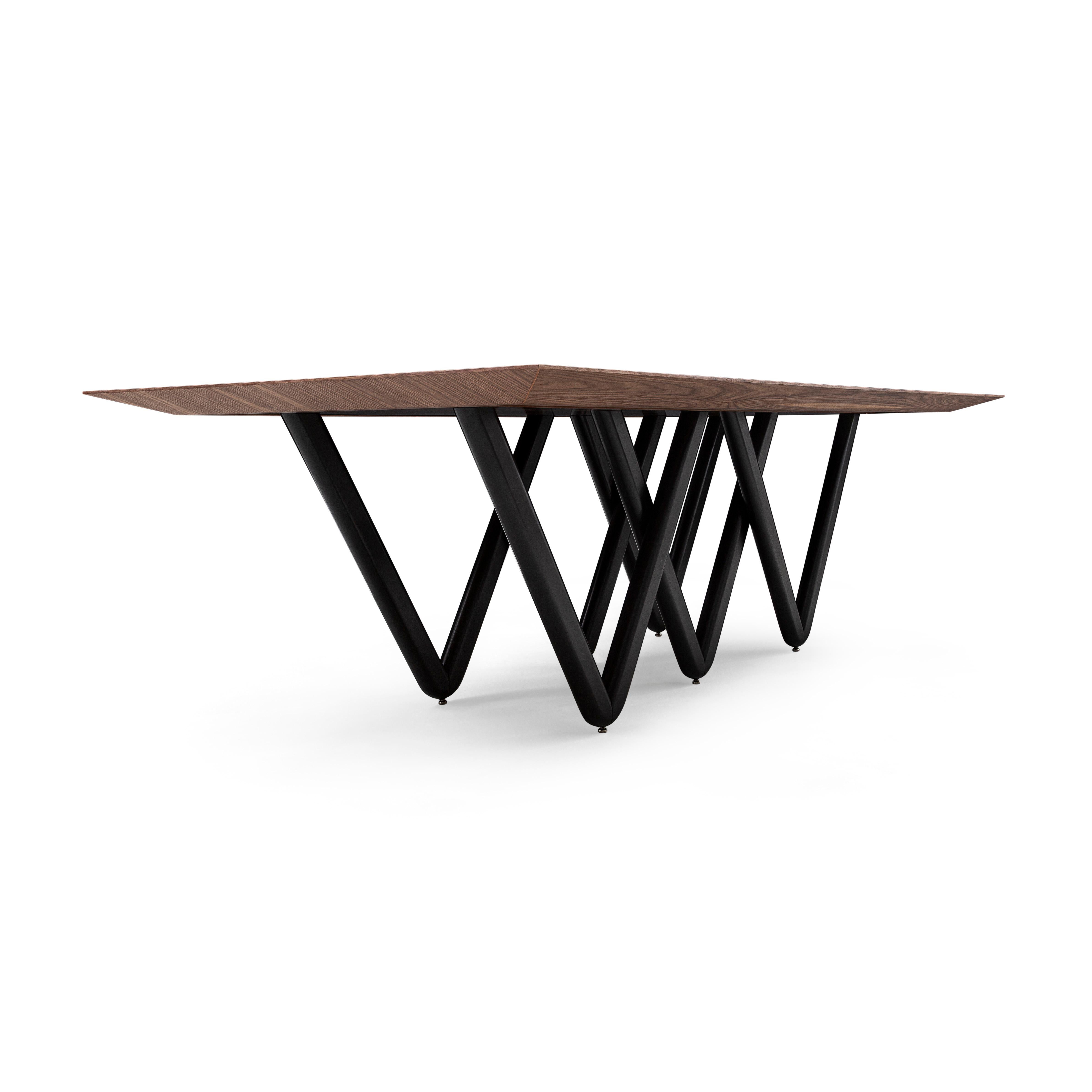 Dablio Dining Table with a Walnut Wood Veneered Table Top and Black Base 98'' For Sale 1