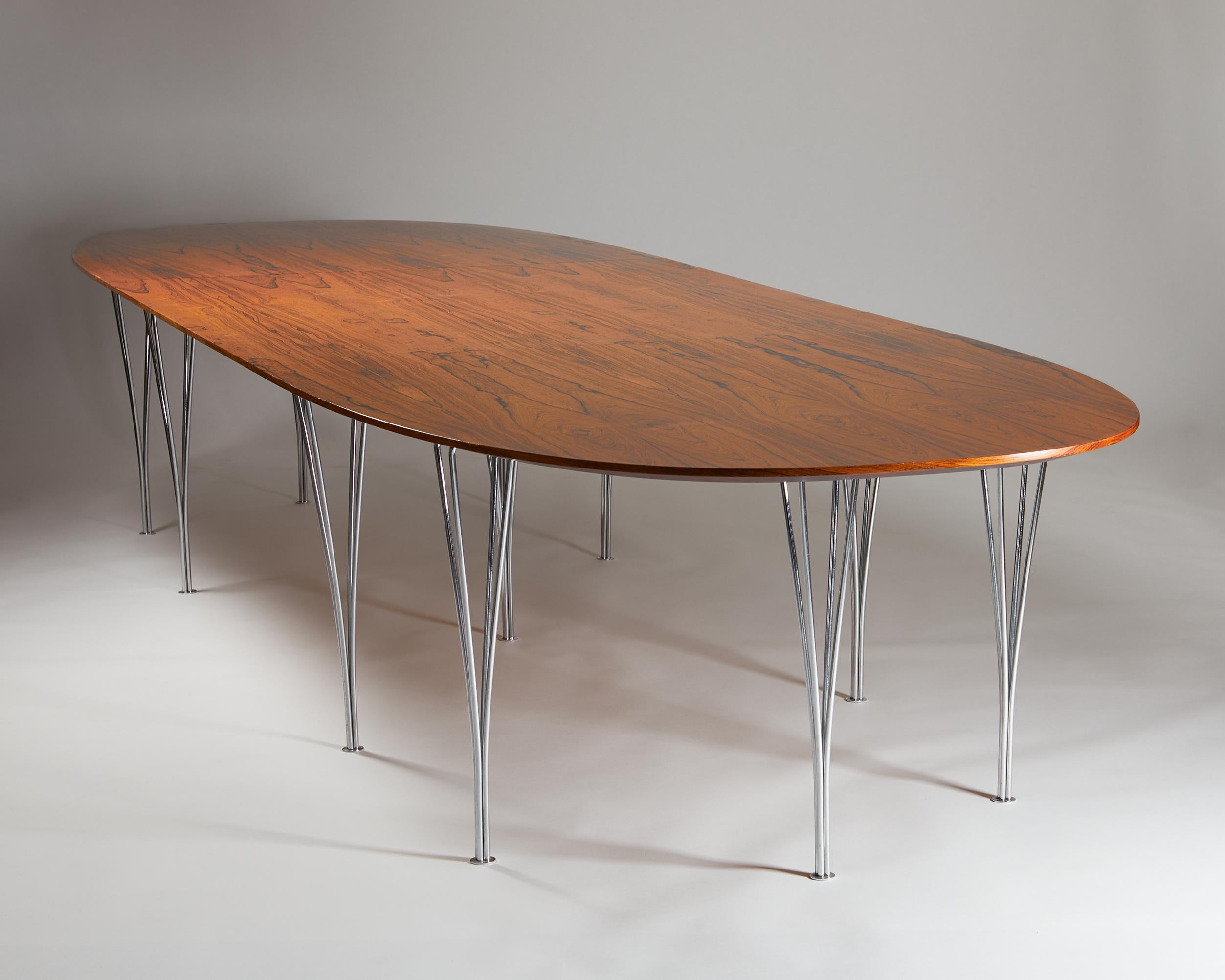 Dining table designed by Bruno Mathsson and Piet Hein,
Denmark. 1980s.
Special order.

Rosewood and steel.

Dimensions:
H: 71 cm / 2' 4