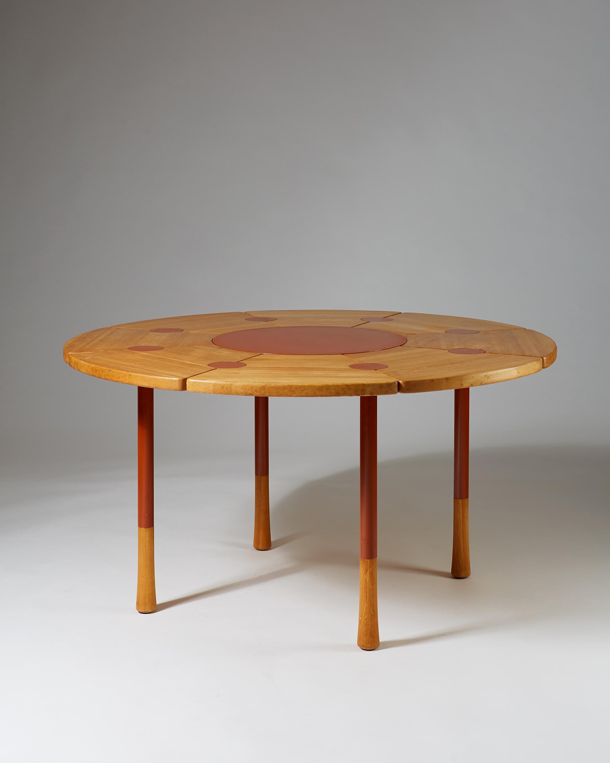 Dining table designed by Richard Nissen, 
Denmark.

Beech with metal inlays.

Measures: H 73 cm/ 2' 5 1/2''
D 140 cm/ 4' 7 5/8'.