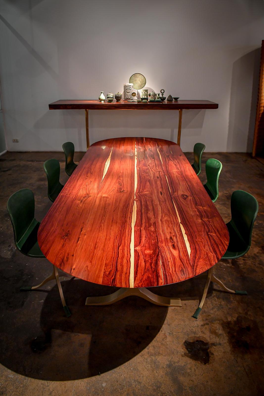 Dining Table 'English Oval', Reclaimed Hardwood, Sand Cast Brass Base For Sale 8