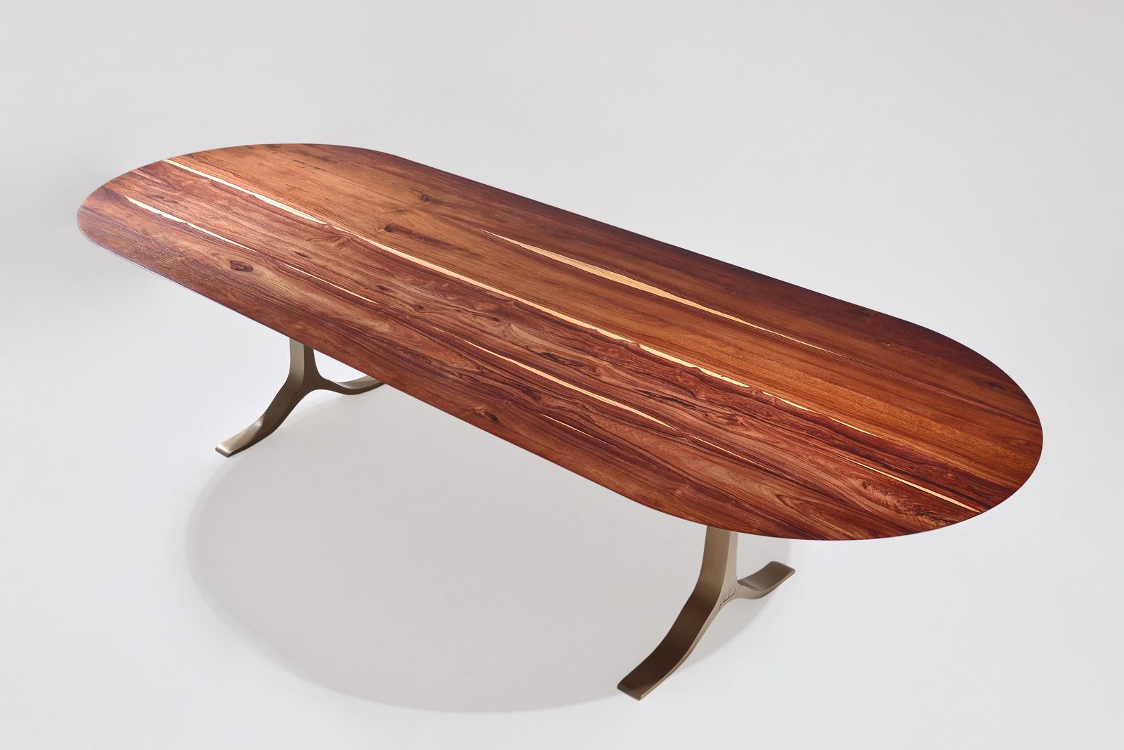Contemporary Dining Table 'English Oval', Reclaimed Hardwood, Sand Cast Brass Base For Sale