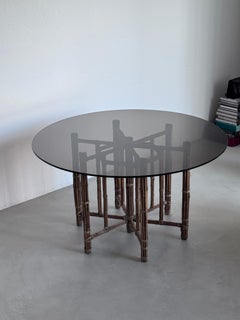 Round Dining table glass and bamboo frame, organic and timeless McGuire 1970's