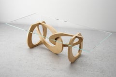 Dining Table Glass Top Solid Light Oak Wood Structure Rings Made in Italy