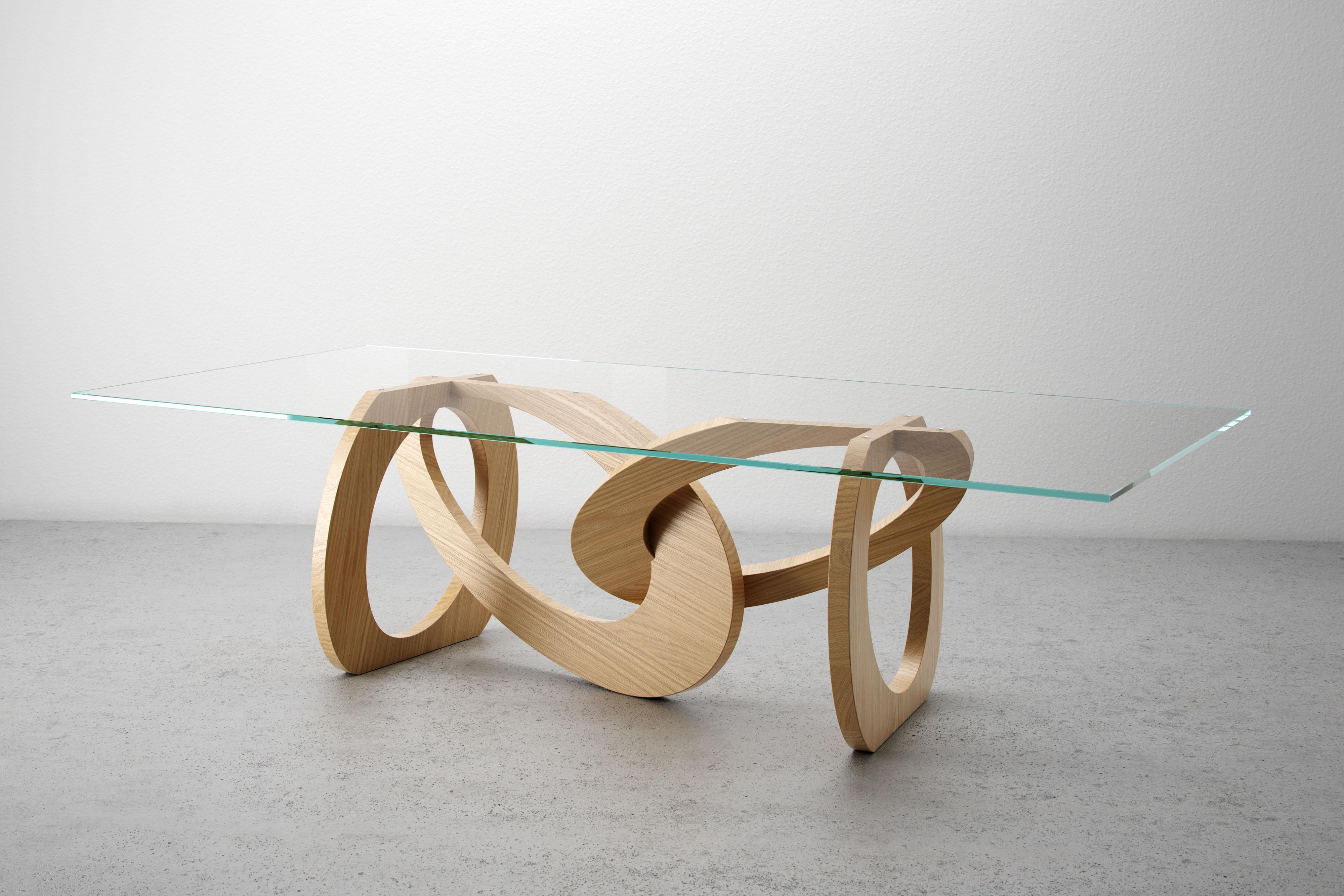 Modern Dining Table Glass Top Solid Light Oak Wood Structure Rings Made in Italy For Sale