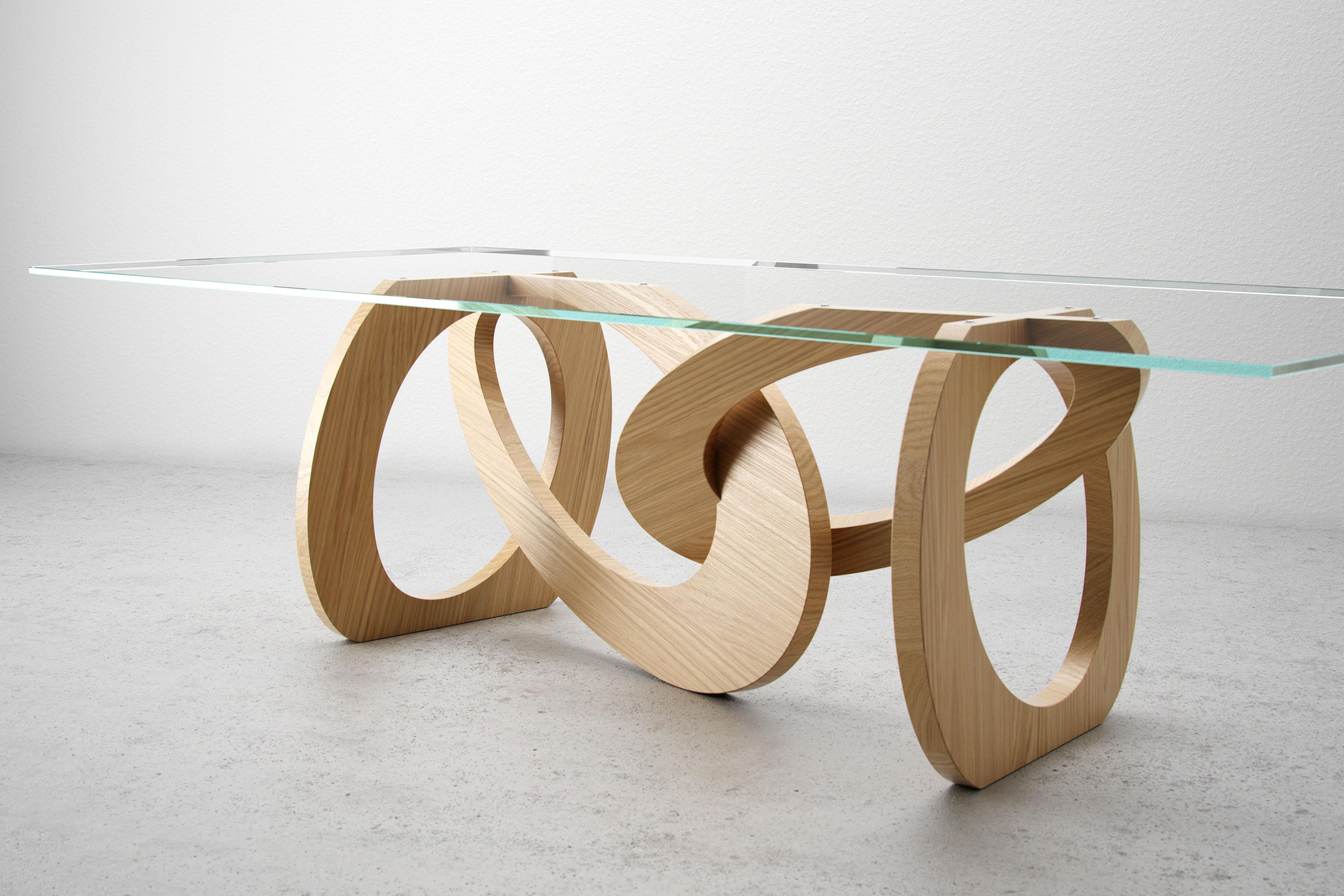 Dining Table Glass Top Solid Light Oak Wood Structure Rings Made in Italy In New Condition For Sale In Ancona, Marche