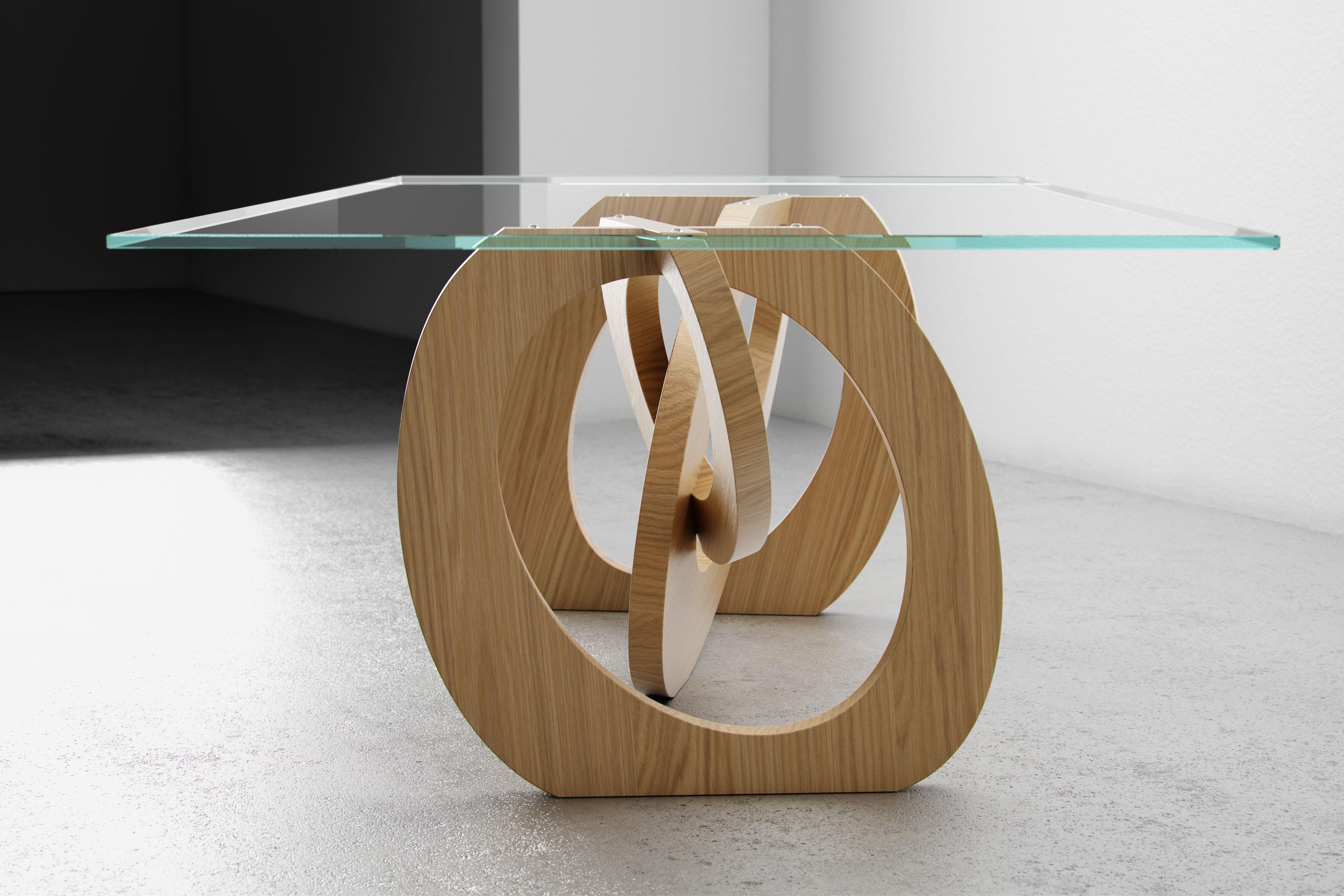 Contemporary Dining Table Glass Top Solid Light Oak Wood Structure Rings Made in Italy For Sale