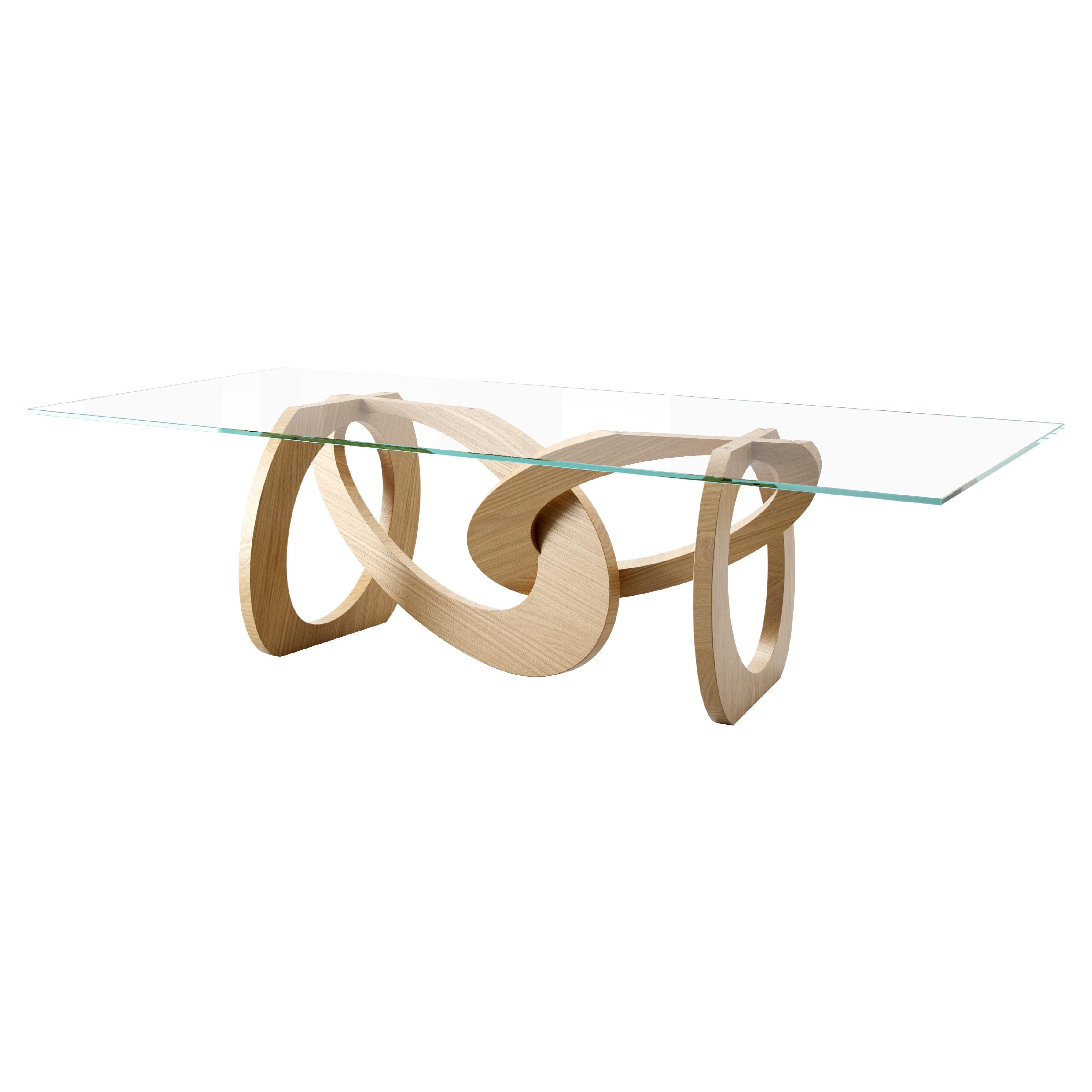 Dining Table Glass Top Solid Light Oak Wood Structure Rings Made in Italy For Sale