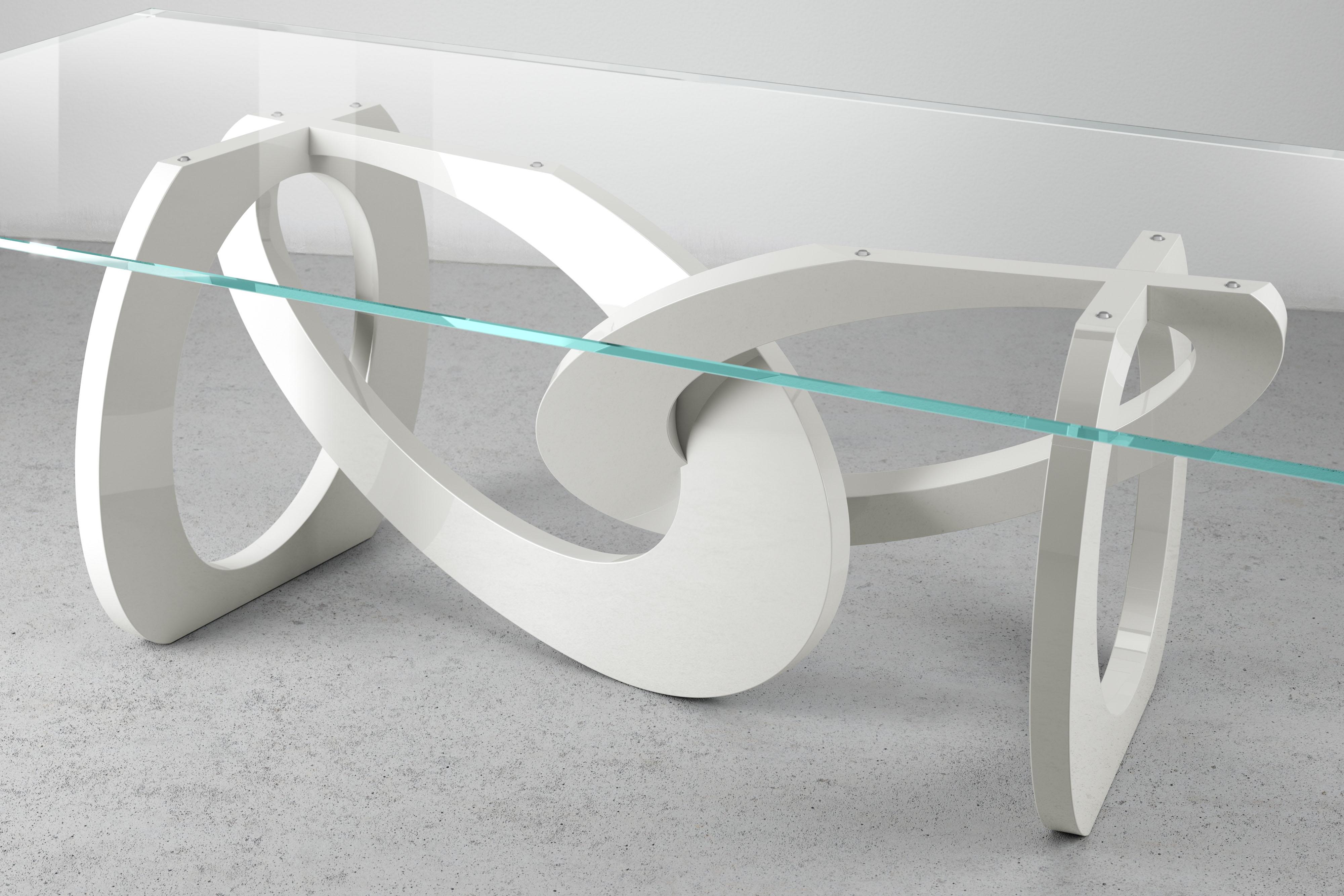 Italian Dining Table Glass Top White Glossy Lacquered Wood Structure Rings Custom Color For Sale