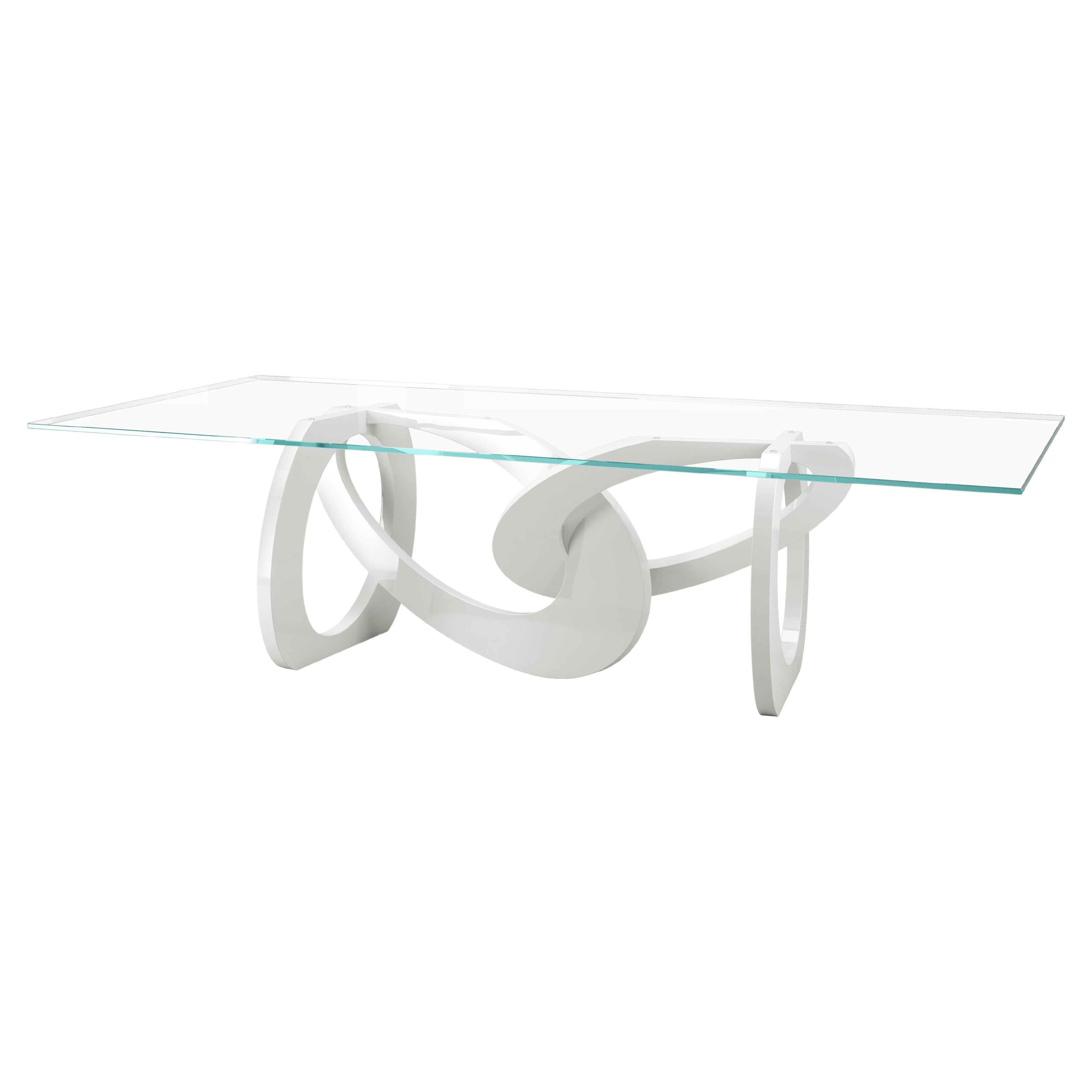 Dining Table Glass Top White Glossy Lacquered Wood Structure Rings Custom Color