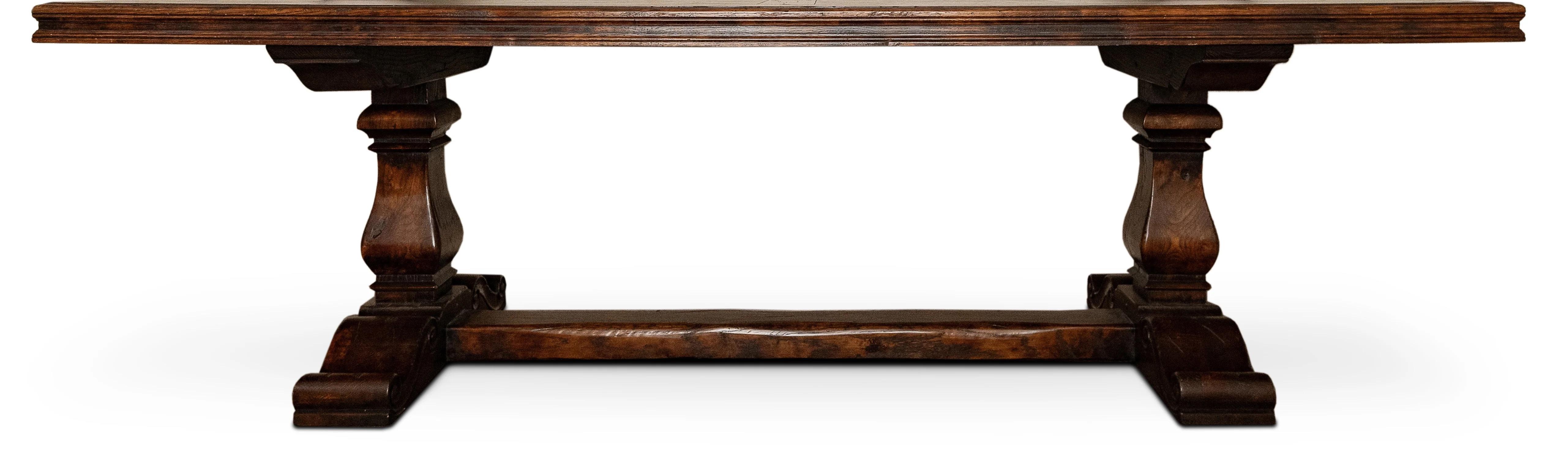 Stunning hand crafted in the UK Table, Charles II Refectory style with panelled top.

Eight panel mitred top with scalloped & fluted edge. Resting on two baluster pedestals joined by a stretcher & scrolled platform bases.

Antique aged Patinated 