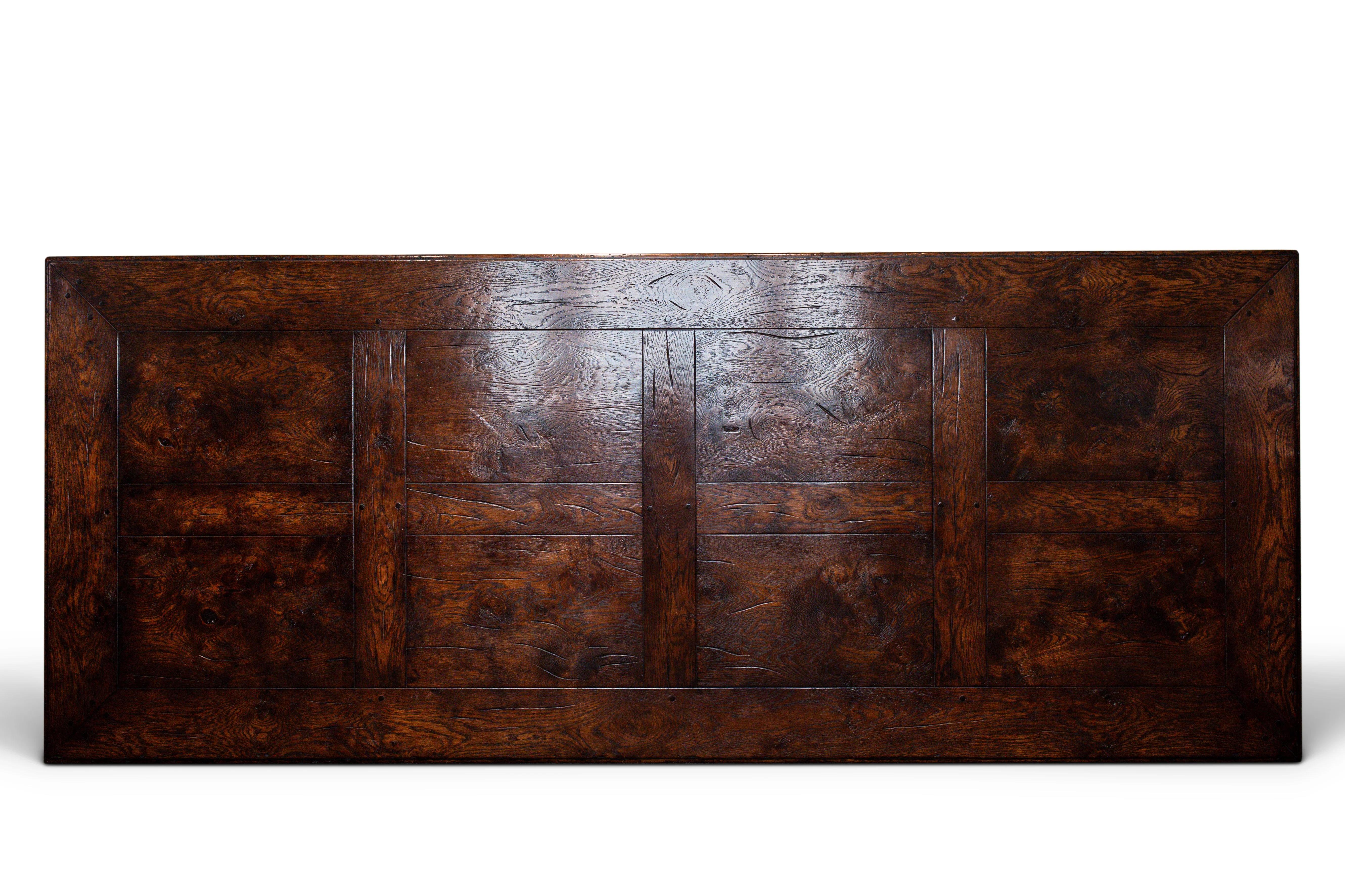 Charles II Dining Table, Hand Crafted & aged Refectory style with panelled top For Sale