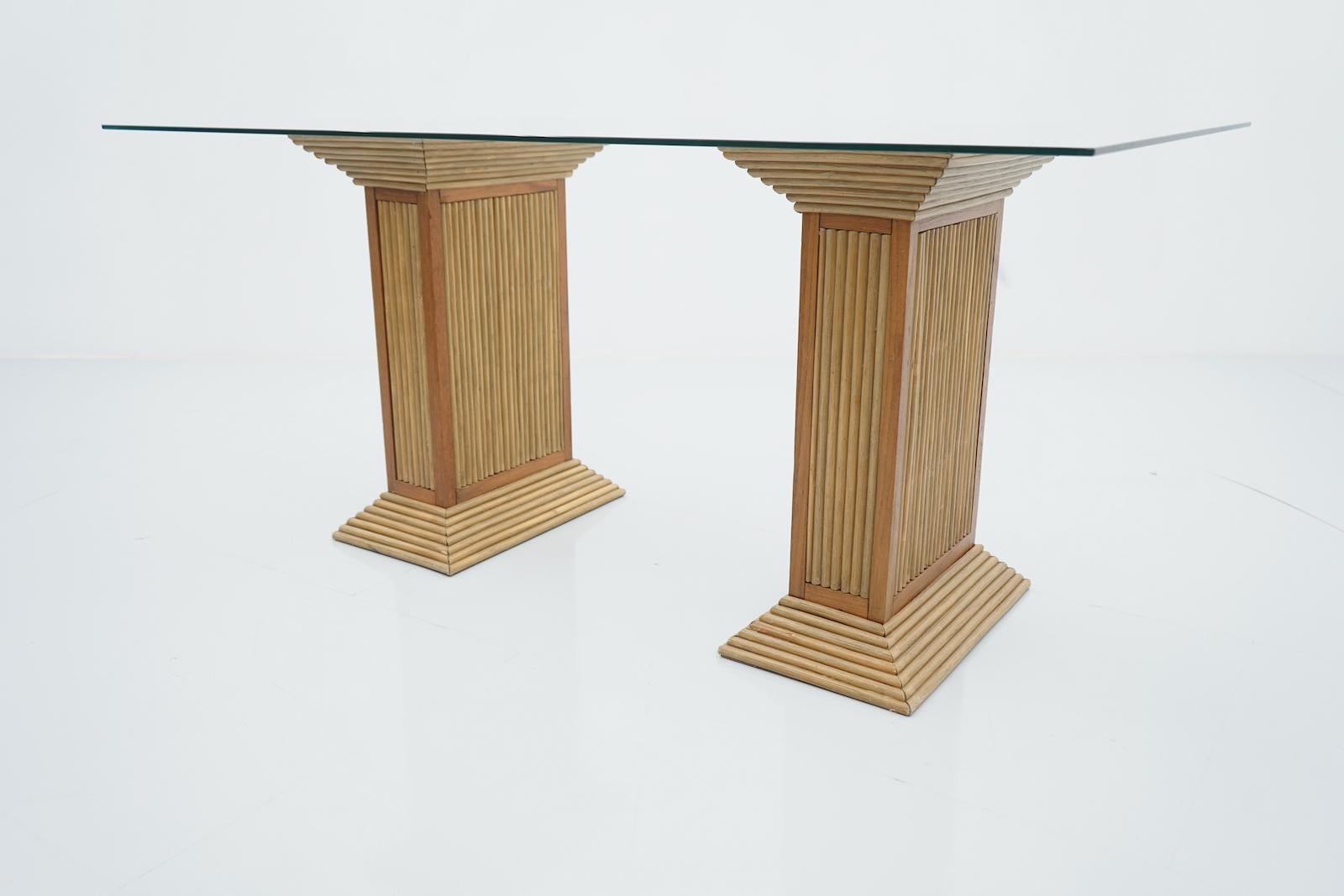 Hollywood Regency Dining Table in Bamboo, Wood and Glass 1980s  For Sale