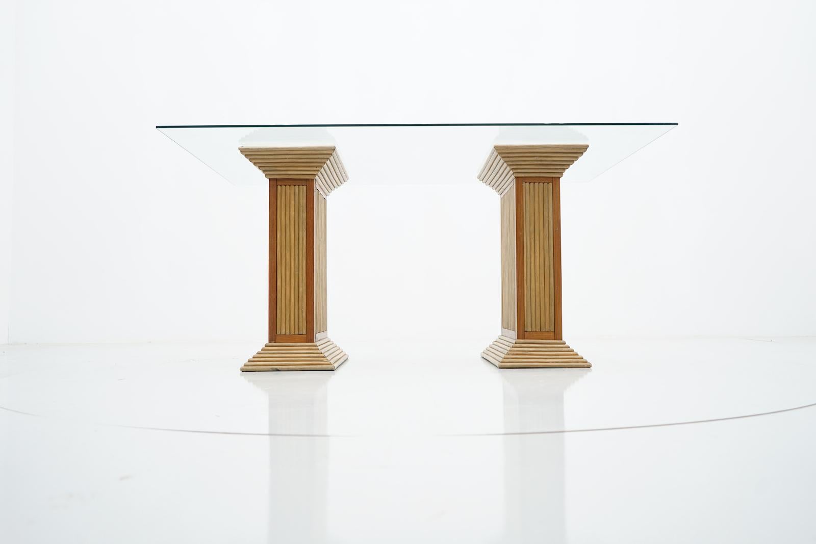 French Dining Table in Bamboo, Wood and Glass 1980s  For Sale