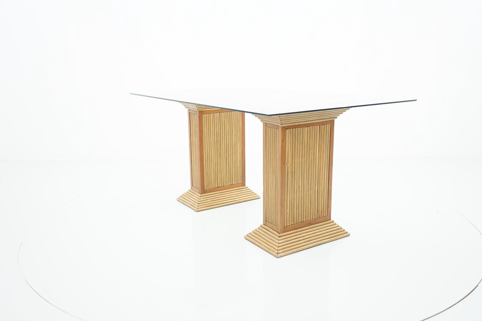 Late 20th Century Dining Table in Bamboo, Wood and Glass 1980s  For Sale
