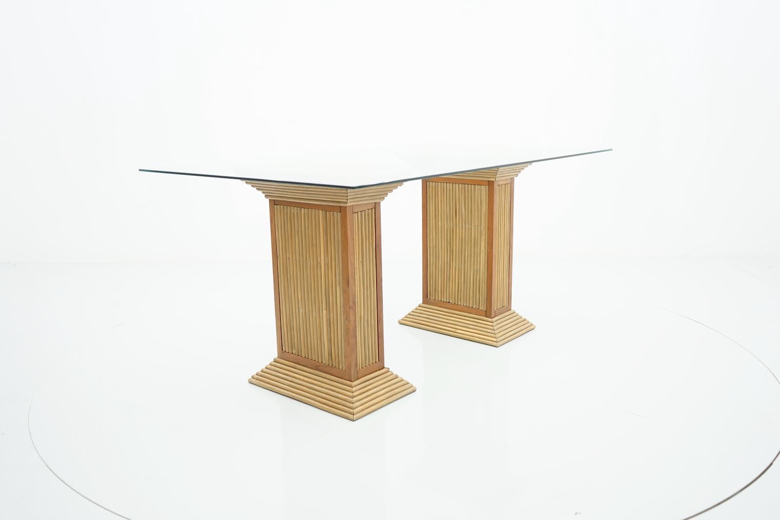 Dining Table in Bamboo, Wood and Glass 1980s  For Sale 1