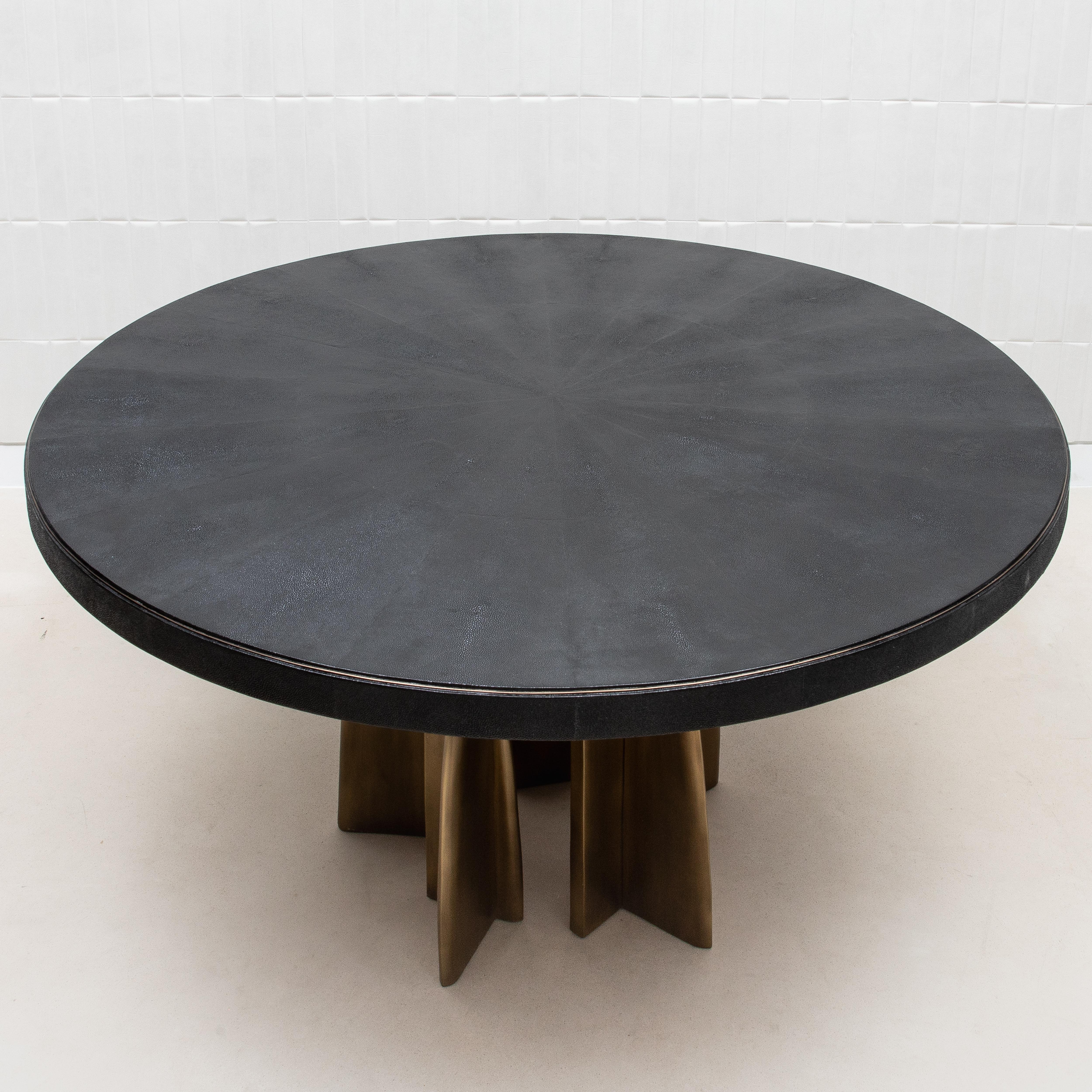 Art Deco Dining Table in Black Shagreen with Bronze Patina Brass by Kifu Paris IN STOCK