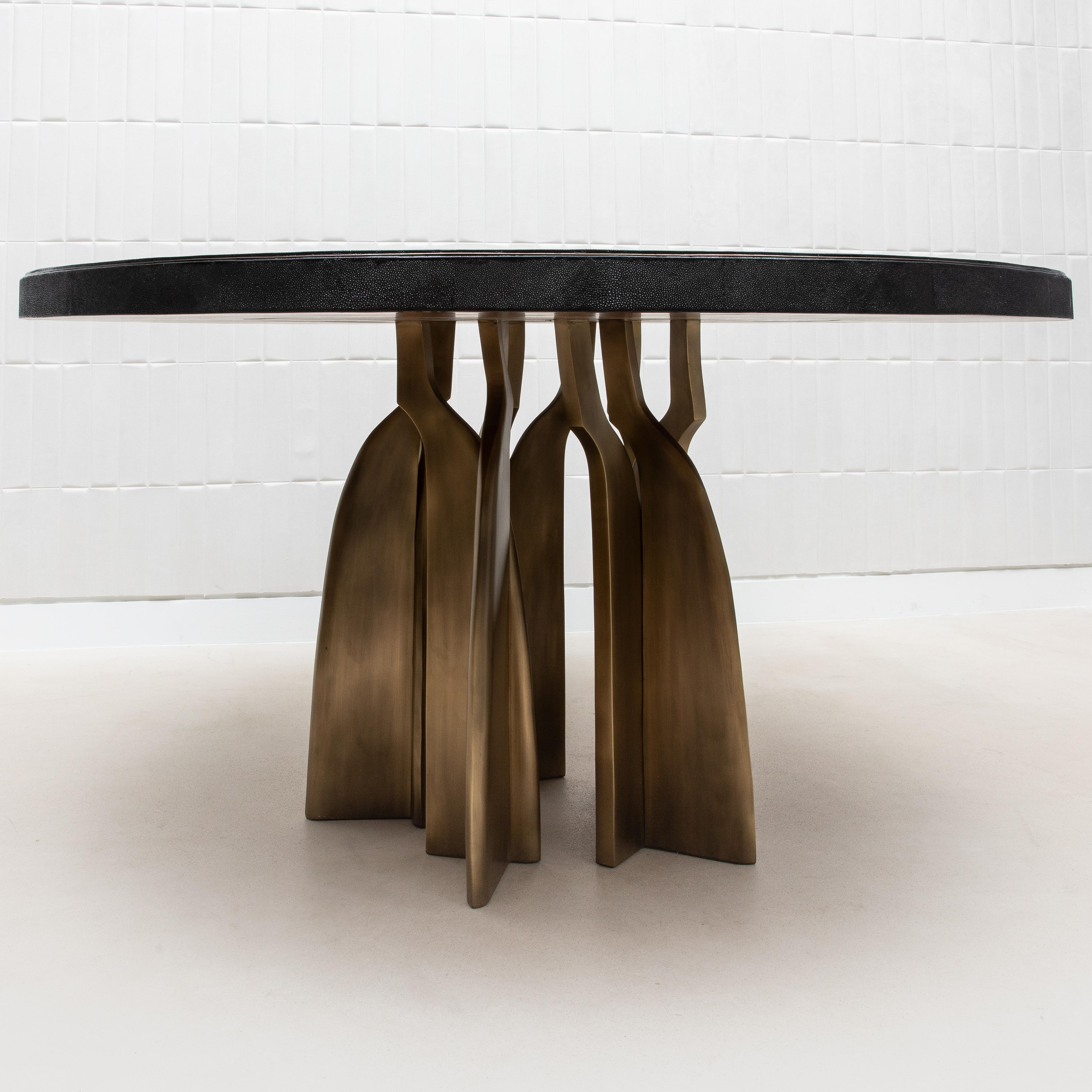 Hand-Crafted Dining Table in Black Shagreen with Bronze Patina Brass by Kifu Paris IN STOCK