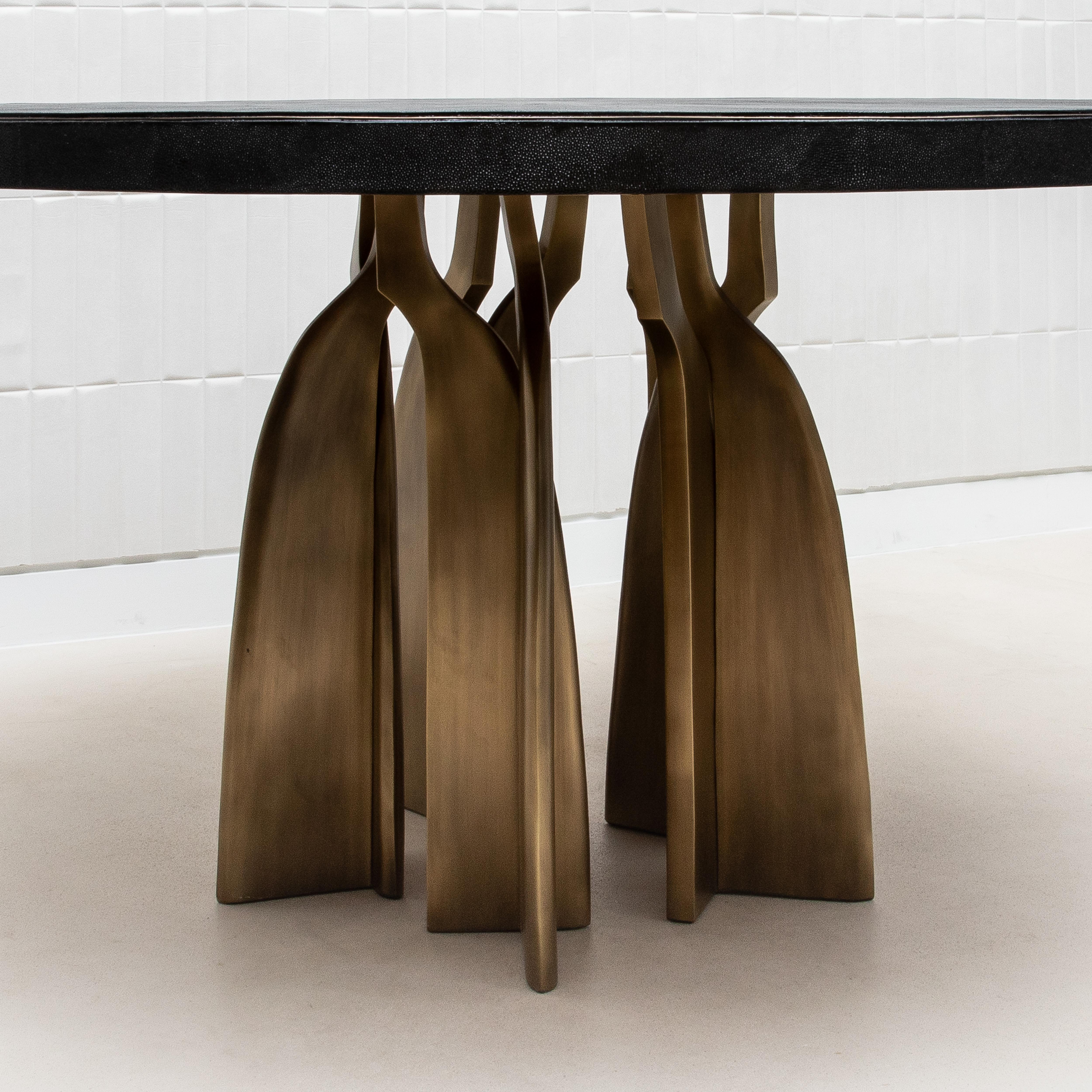 Contemporary Dining Table in Black Shagreen with Bronze Patina Brass by Kifu Paris IN STOCK
