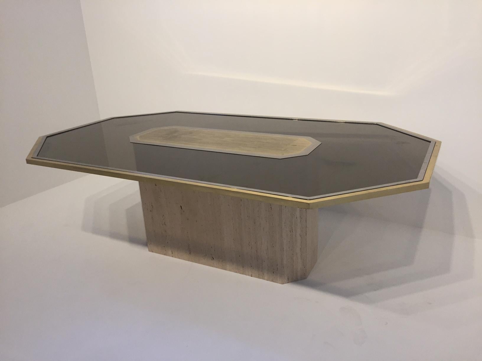 Acid etched brass dining table by Christian Krekels, Belgium designer, 1970
Base in travertine.