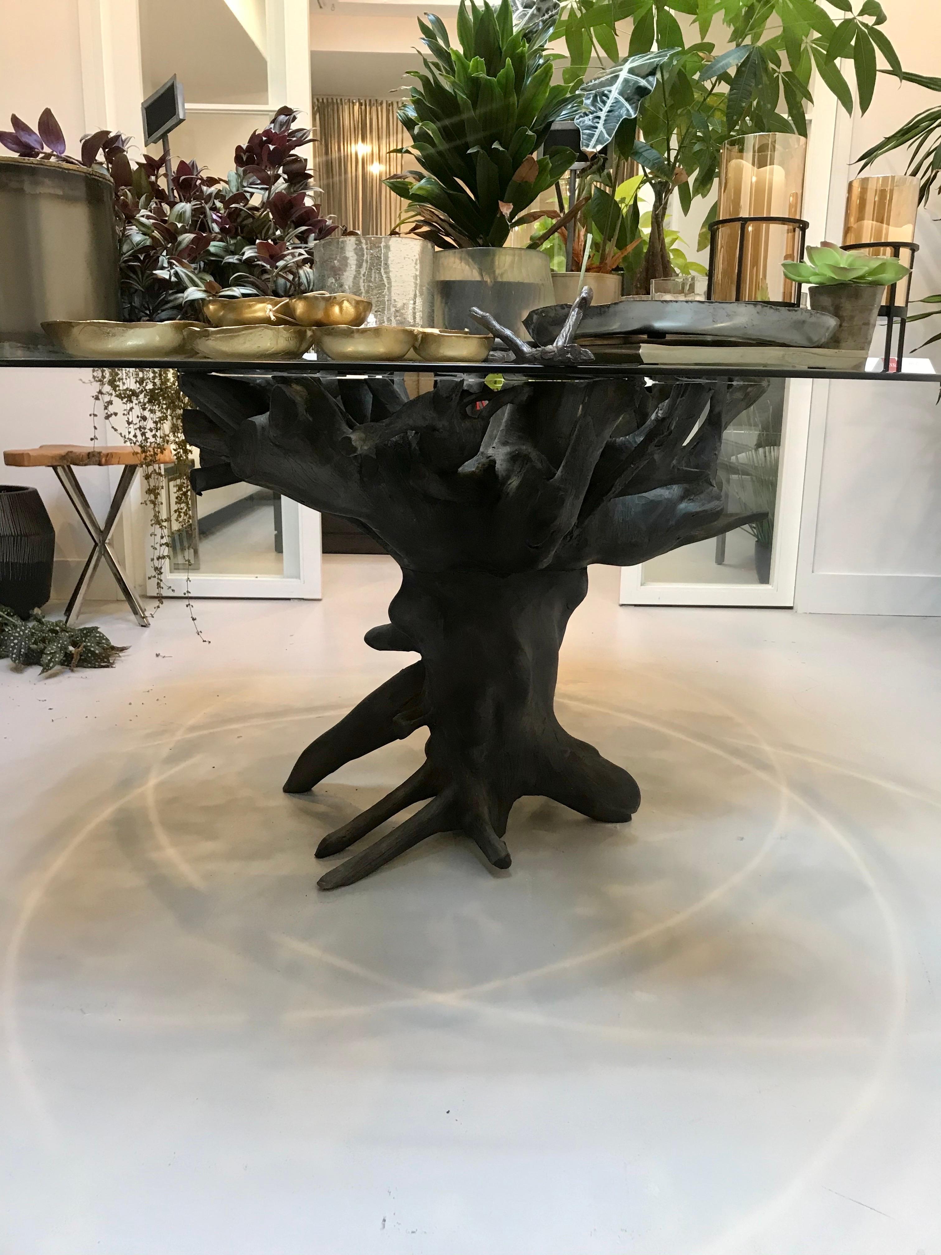 Organic Modern Dining Table in Charred Teak Root Wood and Glass, Indonesia For Sale