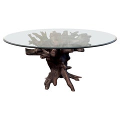 Mesa de comedor de madera de raíz de teca carbonizada y cristal, Indonesia
